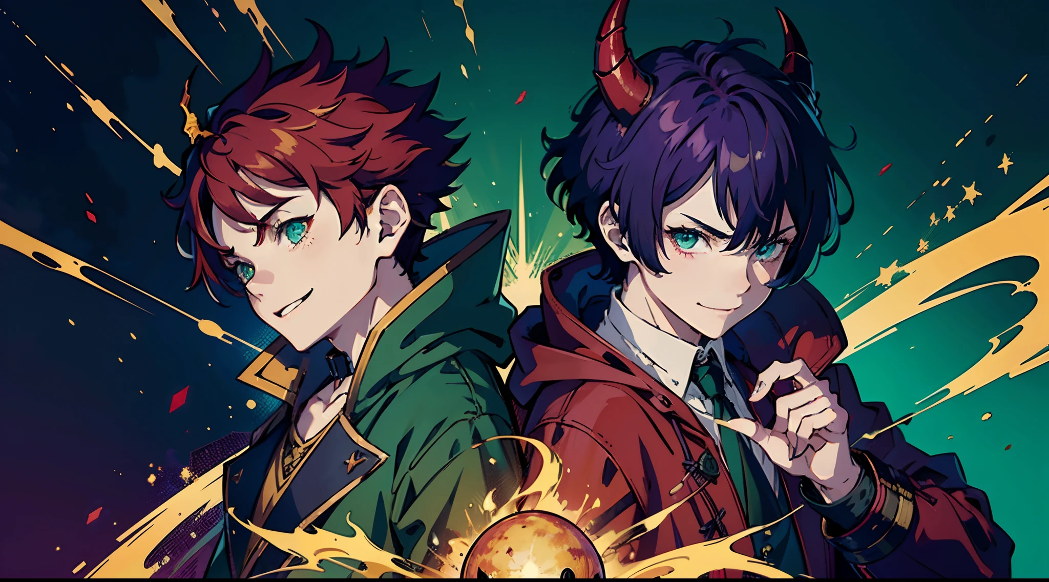 top-quality、​masterpiece、((Deformed))、Boy with short purple hair、Green eyes、demonic horns、A smile、red cloak、Composition that reflects the whole body、combat pose、Thumbnail image、Blue background