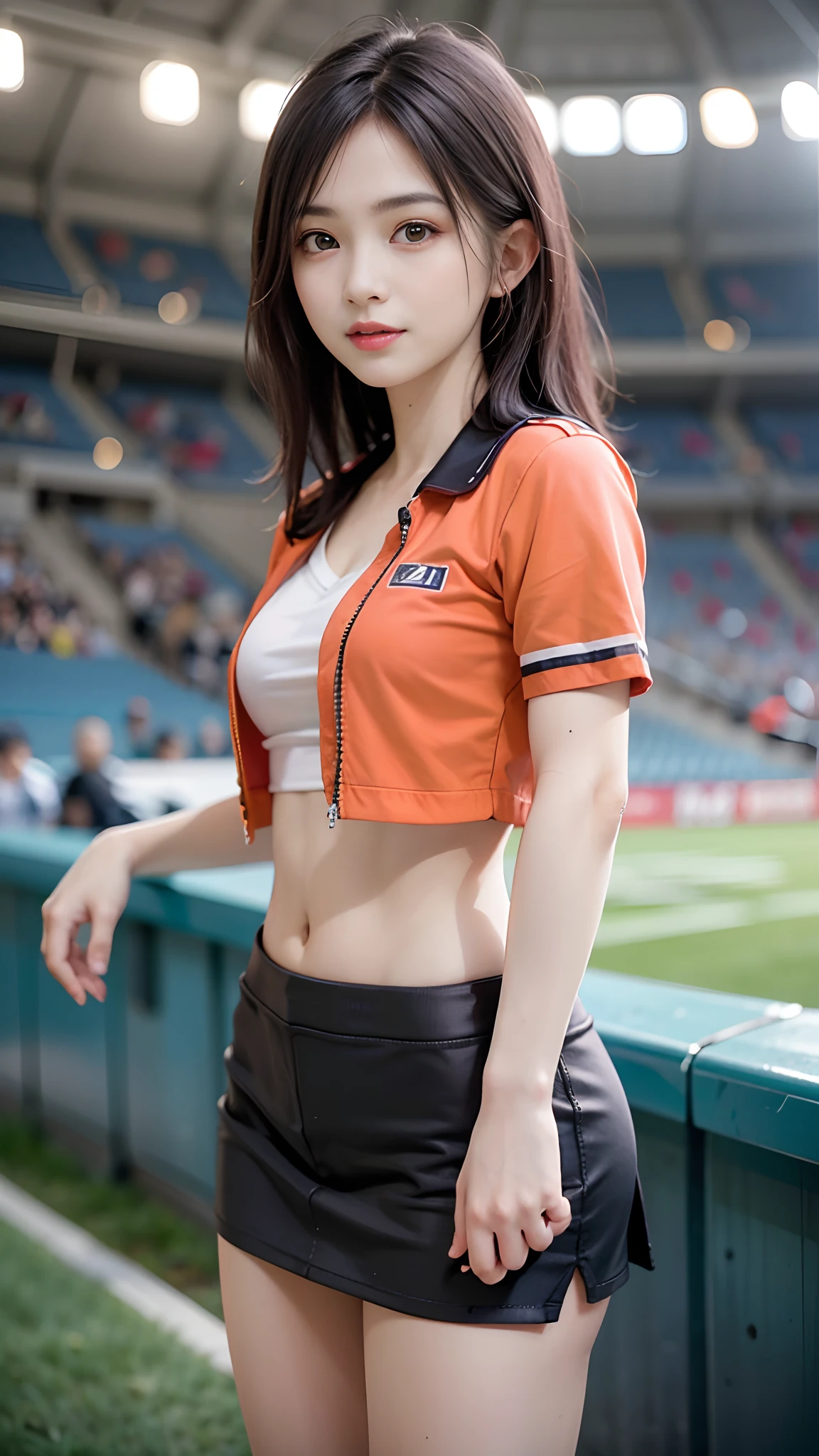 4k ultra hd, masterpiece, best quality, a girl, sports girl, happy, good face, smile, detailed eyes, detailed lips, very long hair, Multicolor floating hair, slim body, medium breasts, tight abs, narrow waist, promotional costume, orange costume, short sleeves, cropped top, opened jacket, black jacket, skirt, standing, dark shadow, stadium background,