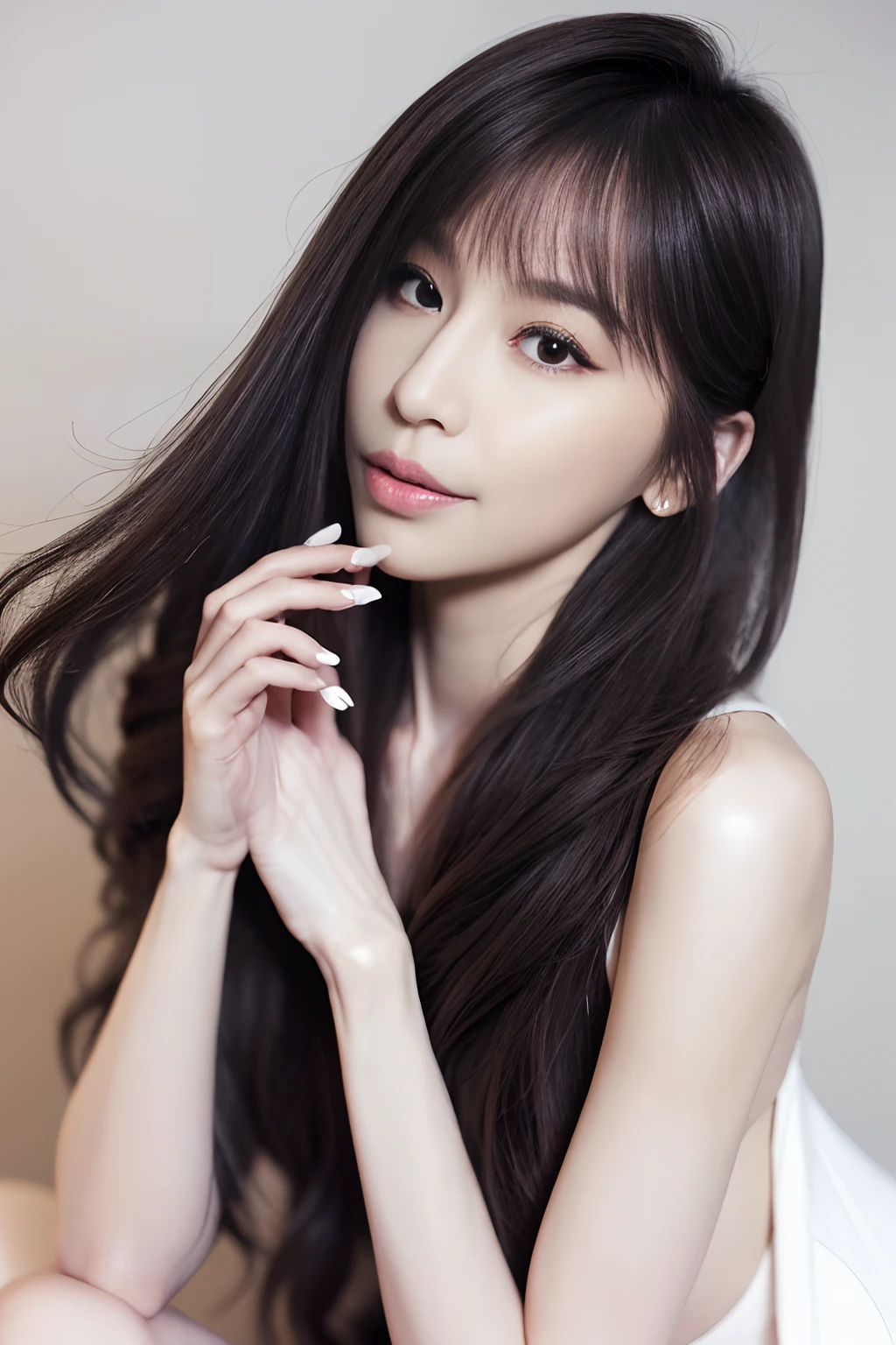 1girll, (Original photo, Best quality), (((Shallow depth of field))), (Realistic medium size, Photographic realism: 1.3), Masterpiece, an extremely delicate and beautiful one, Extremely detailed, CG, uniform, 2k wallpapers, Stunning appearance, Fine details, subtle smiling, Extremely Detailed CG Uniform 8k Wallpaper, hugefilesize, Super super detailed, Super high resolution , Absurd, Soft lighting Next, (((Long hair : 1.3), short length bangs, Jet black hair, Floating hair NovaFrogStyle)), Beautiful detailed girl, Highly detailed fingers, Extremely detailed eyes and face, Beautifully detailed nose, Beautifully detailed eyes, Longer eyelashes, light in face, Audience, (Closed mouth: 1.2), 1 girl, Grow long hair, Cute breasts, Young age, Mature face, (full bodyesbian: 1.3), ((and sexy)), Realistic face, Realistic body, Slim body proportions, Beautiful slender thighs, Legs spread,cyndi