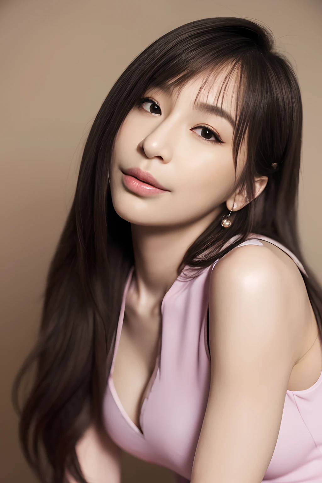 1girll, (Original photo, Best quality), (((Shallow depth of field))), (Realistic medium size, Photographic realism: 1.3), Masterpiece, an extremely delicate and beautiful one, Extremely detailed, CG, uniform, 2k wallpapers, Stunning appearance, Fine details, subtle smiling, Extremely Detailed CG Uniform 8k Wallpaper, hugefilesize, Super super detailed, Super high resolution , Absurd, Soft lighting Next, (((Long hair : 1.3), short length bangs, Jet black hair, Floating hair NovaFrogStyle)), Beautiful detailed girl, Highly detailed fingers, Extremely detailed eyes and face, Beautifully detailed nose, Beautifully detailed eyes, Longer eyelashes, light in face, Audience, (Closed mouth: 1.2), 1 girl, Grow long hair, Cute breasts, Young age, Mature face, (full bodyesbian: 1.3), ((and sexy)), Realistic face, Realistic body, Slim body proportions, Beautiful slender thighs, Legs spread,cyndi