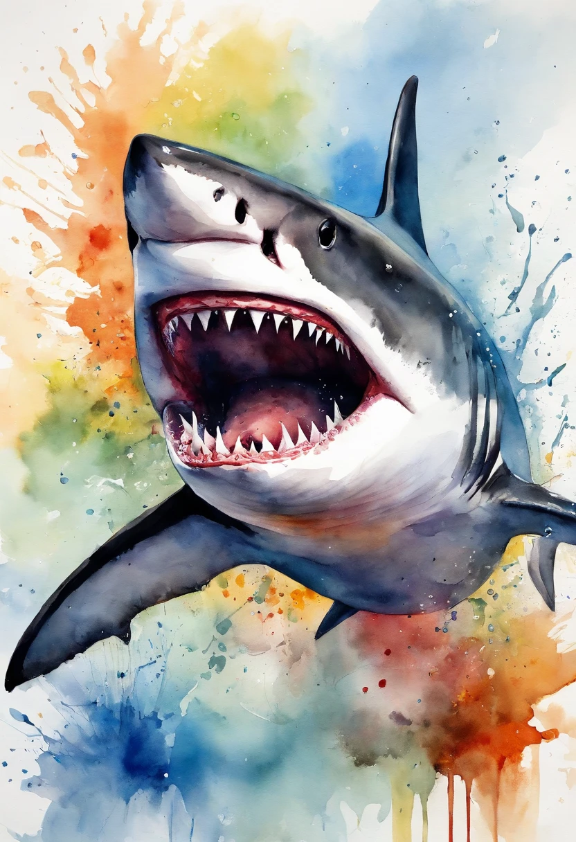Shark with open mouth,Sharp teeth,Jump out of the water,Splash,Positive perspective,Visual impact