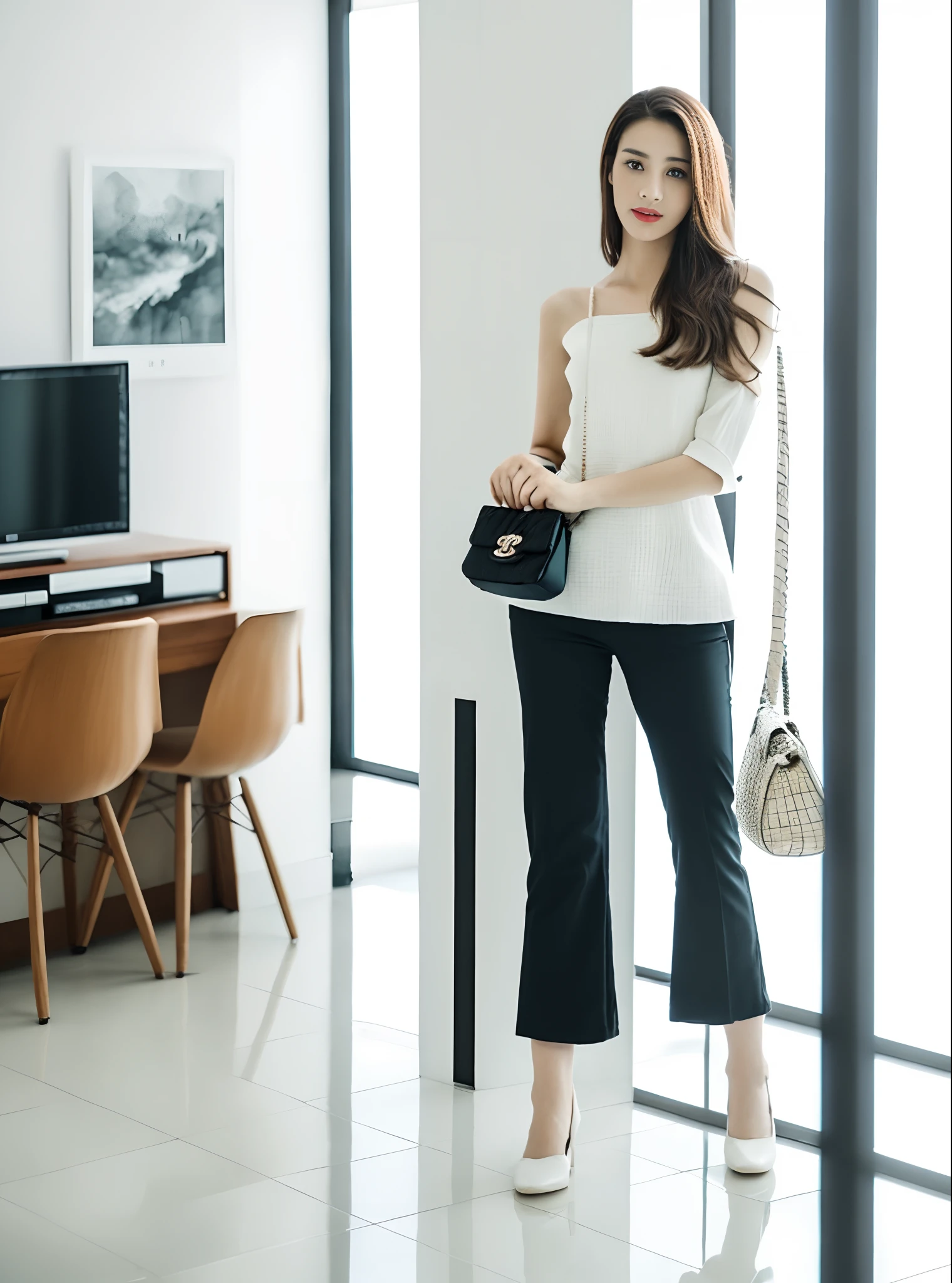 E-commerce female model photography, white background, model height 1.68, wearing Korean clothes, shoulder (Chanel mini bag: 0.6), (realistic: 1.4), lower half wearing Korean pants, soft lighting, masterpieces, best quality, super realistic details, commercial photography, dynamic pose, 3D C4D, film, super realistic painting, 8k, midjourney art