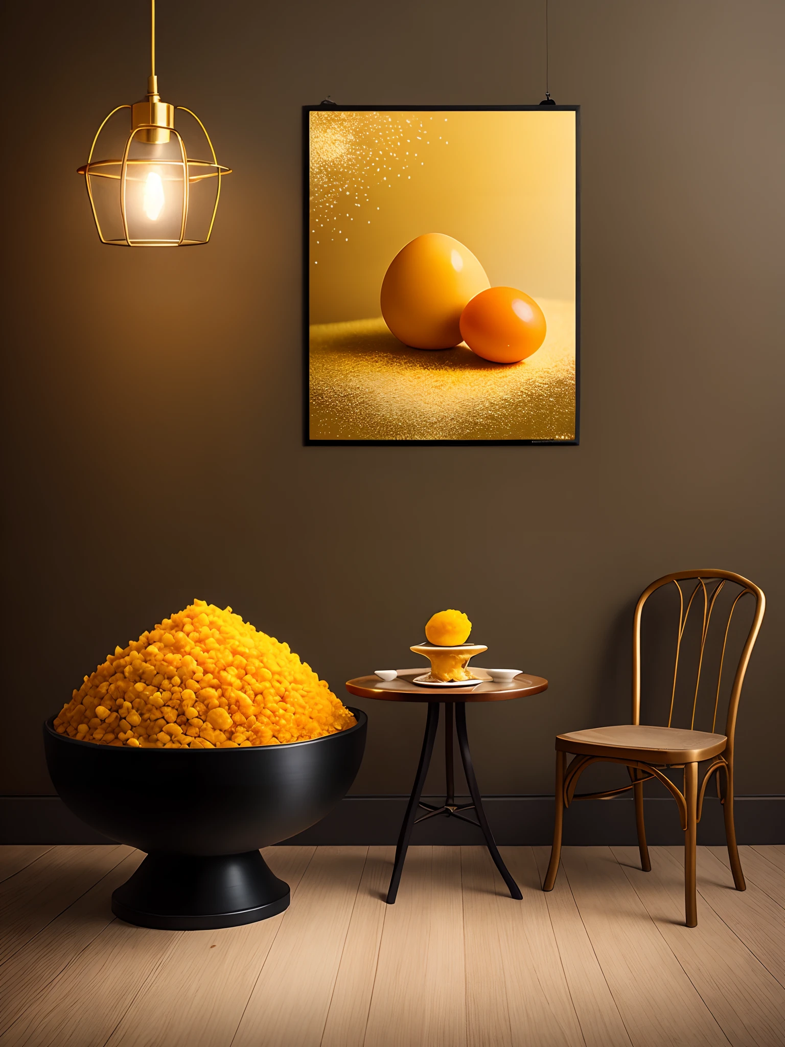 commercial photography, Thai dessert with deer egg yolk,Gold Grab,Gold Drops,Gold Fringe, Posters for, Live style background, Elegant, Booth Light, attractive, Realistic colors, ultra hd