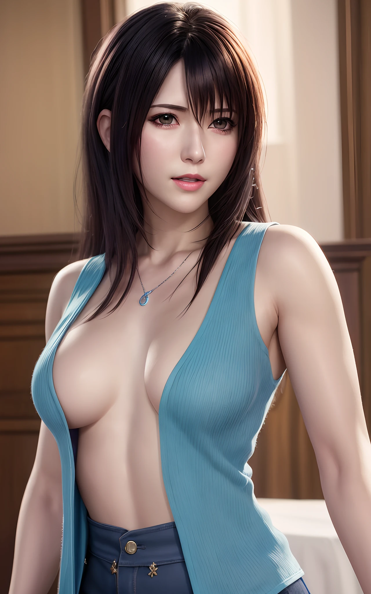 rinoa, blue duster, holding necklace, portrait body, unparalleled masterpiece, ultra realistic 8k CG, perfect artwork, clean, beautiful face, pure face, pale skin, intricate detail, prestige, gorgeous, luxury, fancy ballroom,koyuki, vest, pink lips, happy smiling