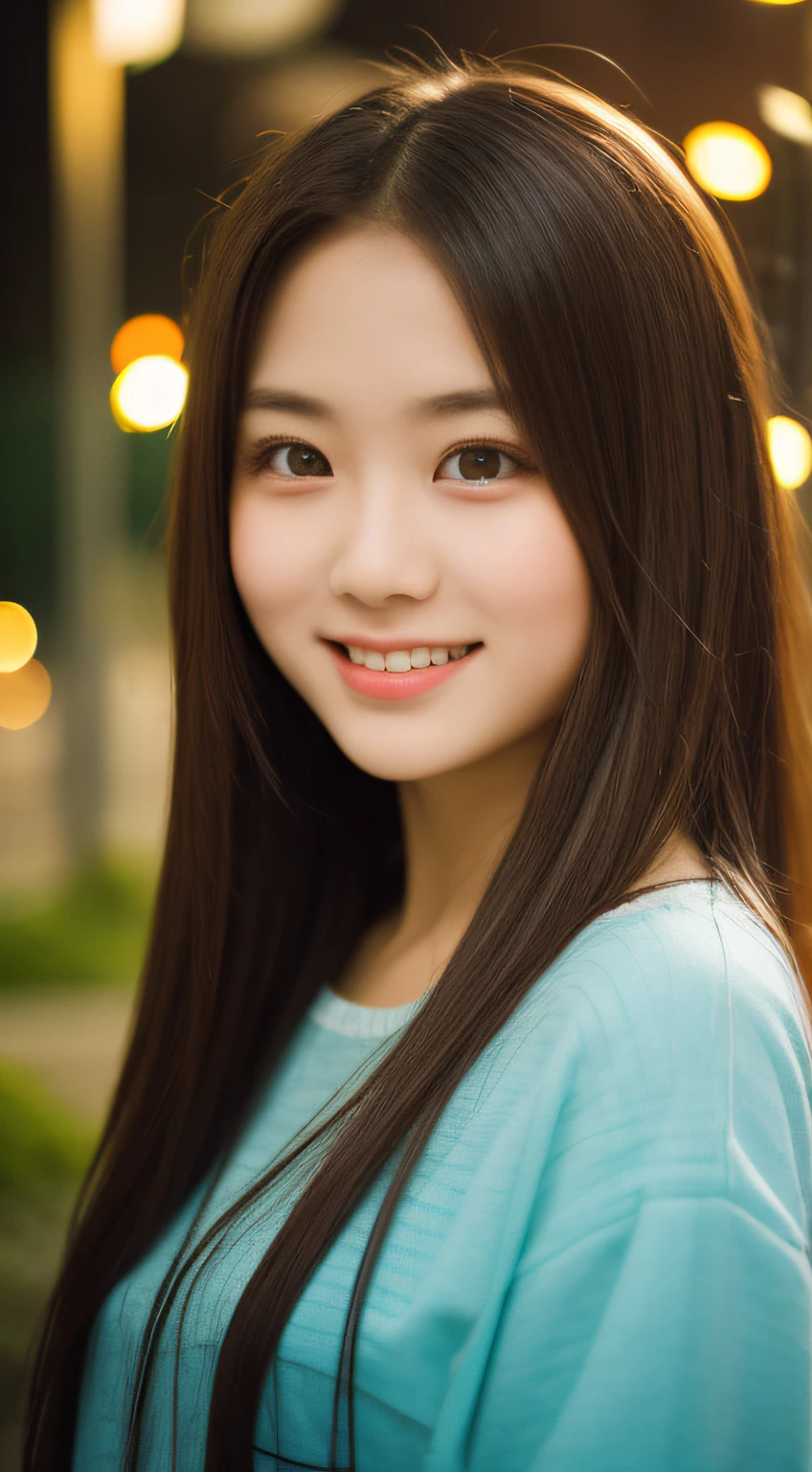 masutepiece, Best Quality, 8K, 15yo student, Teen, Raw photo, absurderes, award winning portrait, Smile, Smile, Solo, Night, neons, Idol face, violaceaess, gardeniass, Delicate girl, Upper body, Digital SLR, Looking at Viewer, Candid, Sophisticated, zora々Right, Thin arms, Professional Lighting, Film grain, chromatic abberation, (Eyes and faces with detailed:1.0), (Bokeh:1.1)
