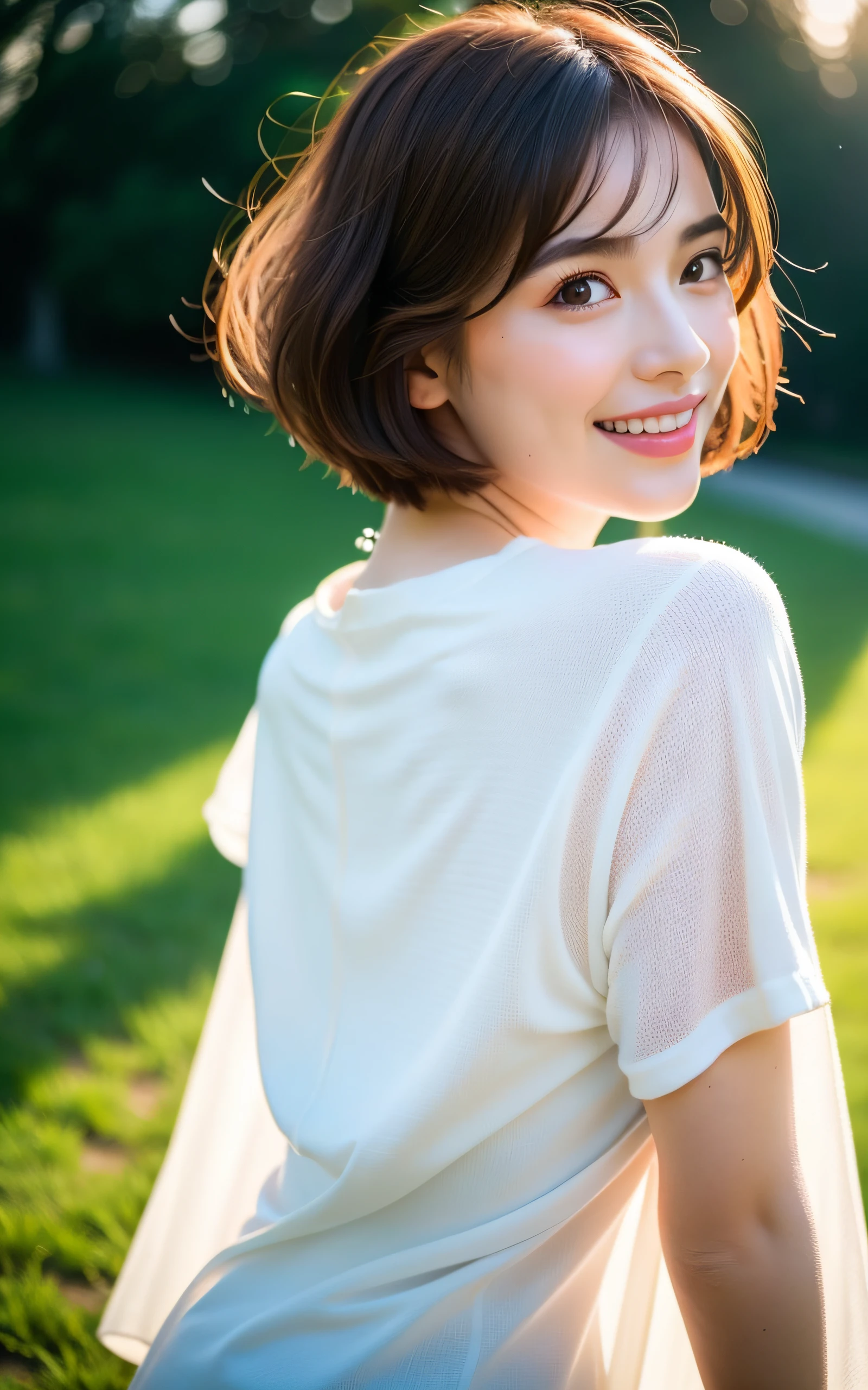 masterpiece, Best Quality, 8K, 1girl, Correct human hands, correct human fingers, 24 yo, face closeup, (smile), Cute, Girly, Delicate girl, Neat and clean beauty, medium breast, luminescence, Looking away, Raw photo, F/1.8, 135 mm, NIKON, Anatomically correct, bokeh，Textured skin, Professional Photography, Portrait, Soft light, Professional Lighting, back light, Film grain, (Eyes and faces with detailed:1.0), brown hair, short hair swaying in the wind, Silk shirt