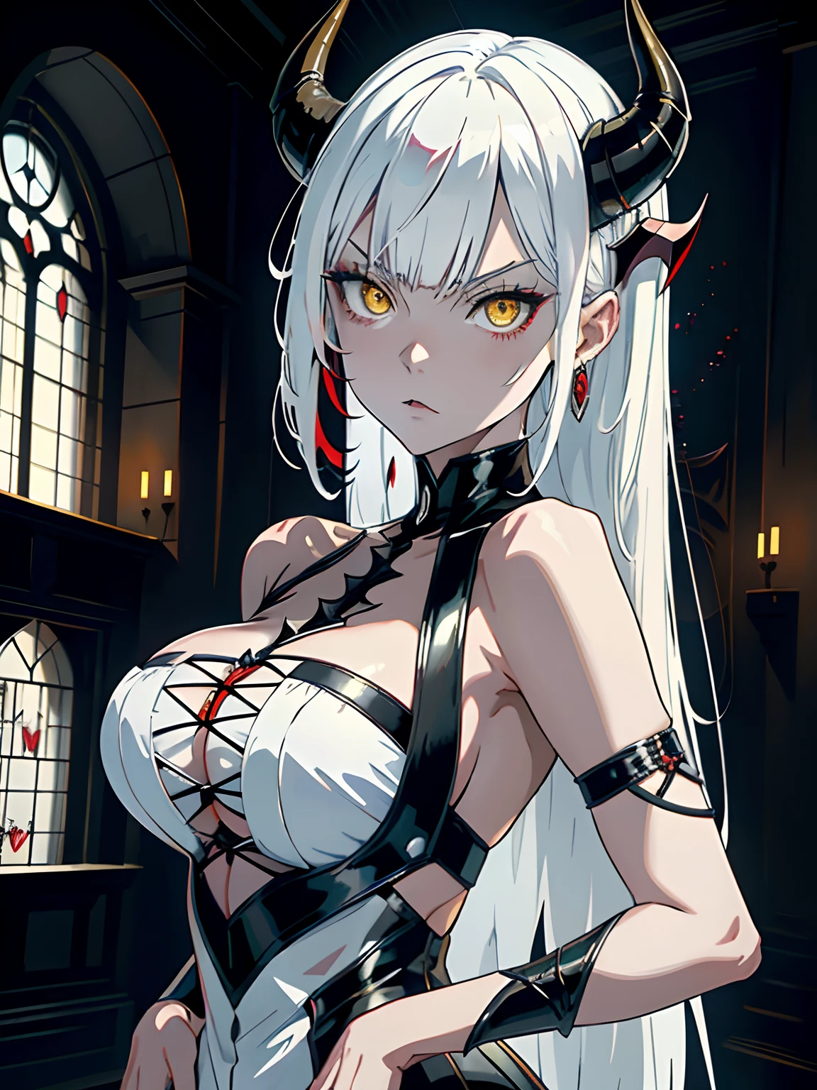 ((masterpiece, best quality)), (1girl, anime girl in the dark castle hall),(mature, devil horn), (solo), (female focus), (white hair, straight bangs), yellow eyes, (black dress, vampire)), angry face, yandere, evil, exposed shoulder, open shoulder, collarbone, portraits, close up, upper body