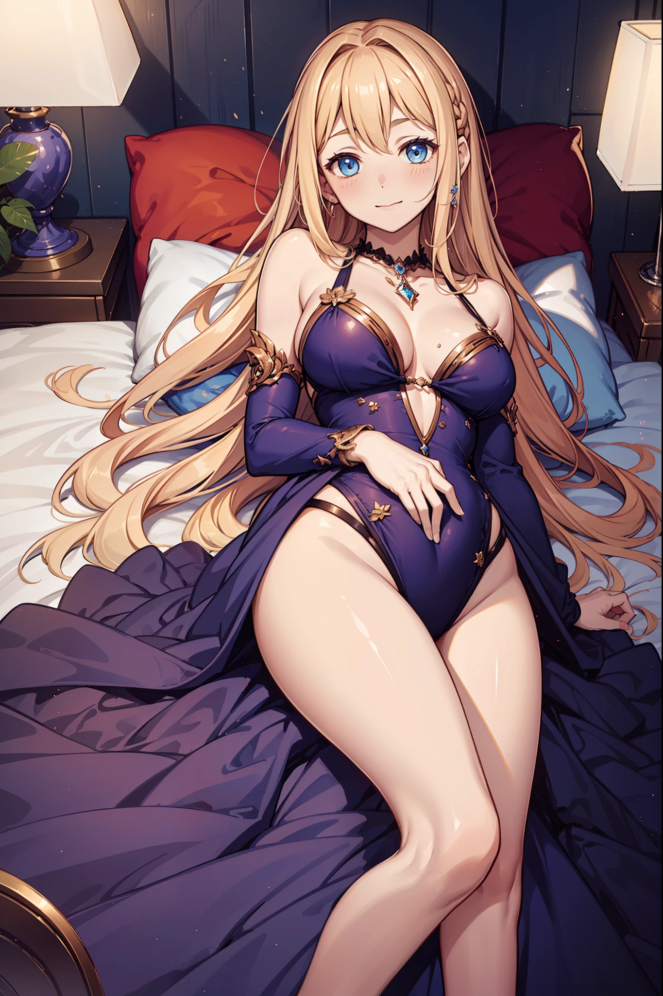 teens girl,Enchanted,having fun,Being in love,divino,Princess dress,Dark black swimsuit,Lilac cloth,exquisite costumes,Bedrooms,solo person,blond hairbl,Dark environment,(blond hairbl),(pale blue color eyes),(Lie down),pillow head