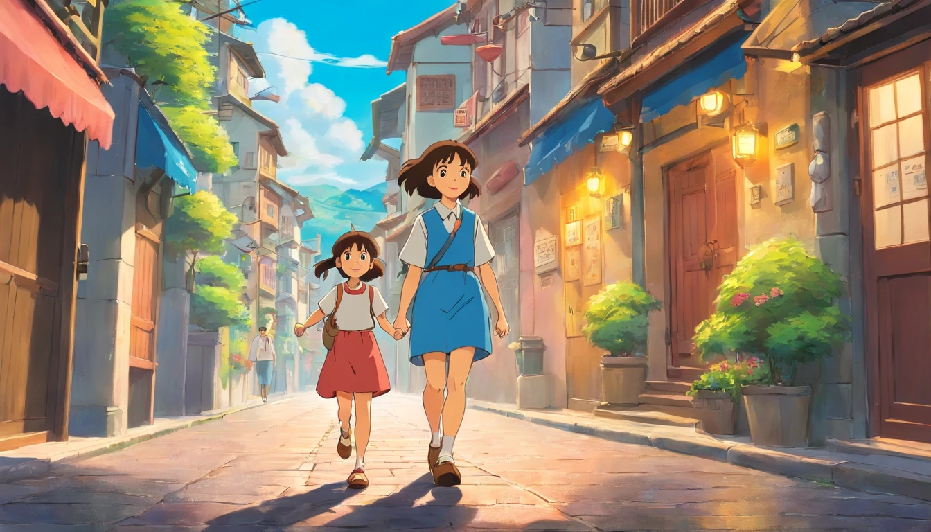quiet town, in the style of tranquil gardenscapes, colorful animation stills, masami teraoka, aquamarine, paul gauguin, Embry style, honest portrayal