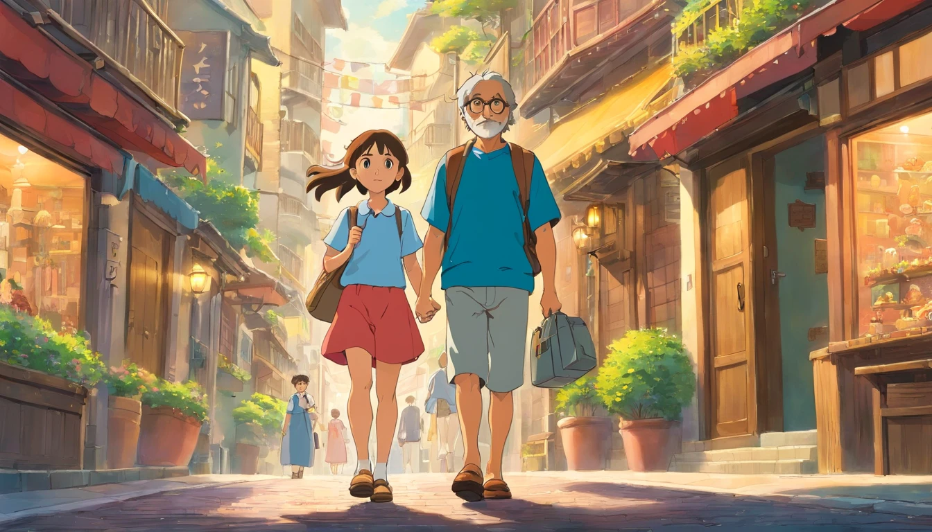 [Medium shot] Uncle and his fifteen-year-old daughter, who have returned from distant South America, eagerly step out onto the bustling streets of their hometown.