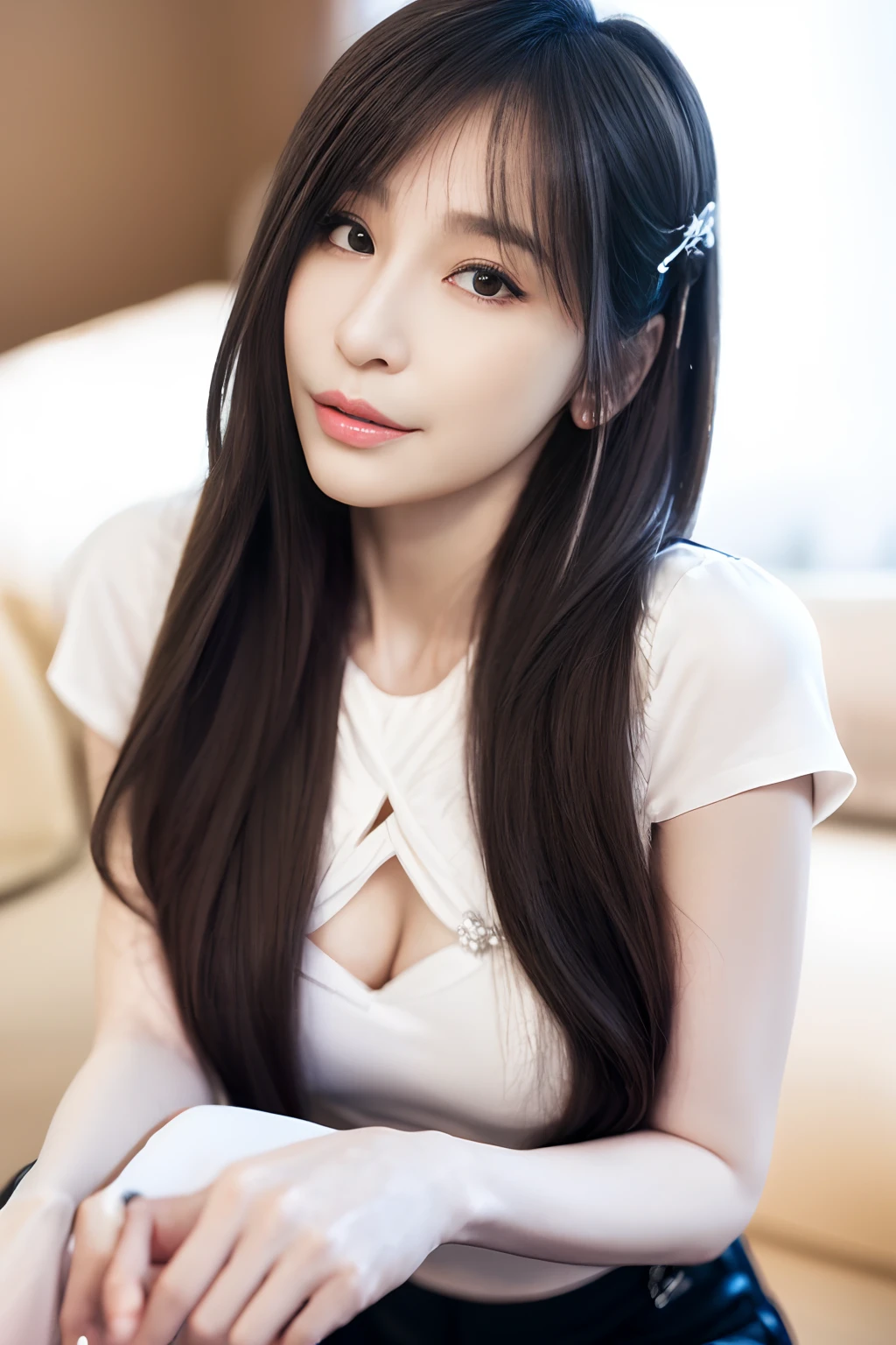 1girll, (Original photo, Best quality), (((Shallow depth of field))), (Realistic medium size, Photographic realism: 1.3), Masterpiece, an extremely delicate and beautiful one, Extremely detailed, CG, uniform, 2k wallpapers, Stunning appearance, Fine details, subtle smiling, Extremely Detailed CG Uniform 8k Wallpaper, hugefilesize, Super super detailed, Super high resolution , Absurd, Soft lighting Next, (((Long hair : 1.3), short length bangs, Jet black hair, Floating hair NovaFrogStyle)), Beautiful detailed girl, Highly detailed fingers, Extremely detailed eyes and face, Beautifully detailed nose, Beautifully detailed eyes, Longer eyelashes, light in face, Audience, (Closed mouth: 1.2), Grow long hair, Cute breasts, Young age, Mature face, (full bodyesbian: 1.3), ((and sexy)), Realistic face, Realistic body, Slim body proportions, Beautiful slender thighs, Legs spread,cyndi