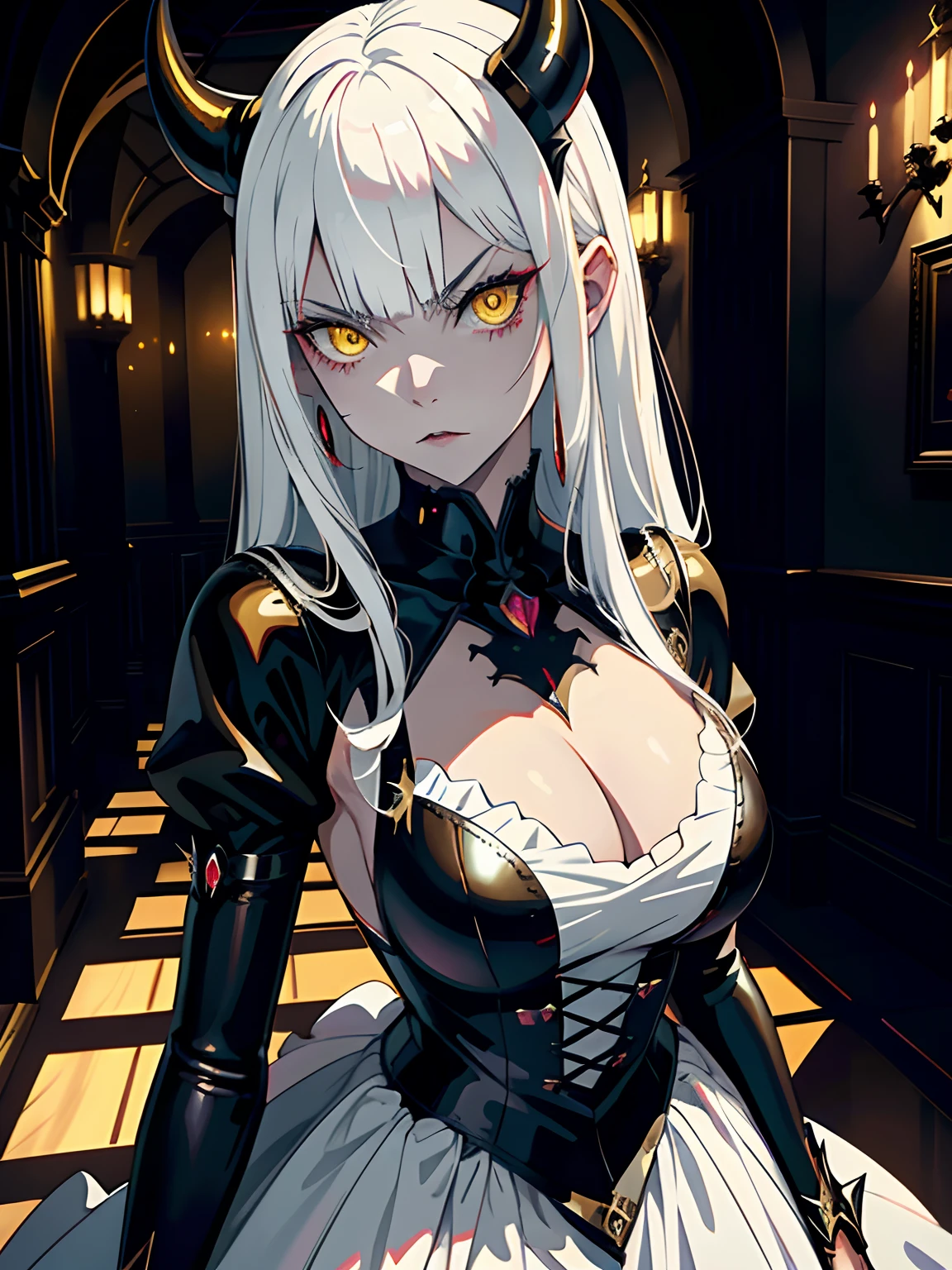 ((masterpiece, best quality)), (1girl, anime girl in the dark castle hall),(mature, devil horn), (solo), (female focus), (white hair, straight bangs), yellow eyes, (black gown, vampire)), angry face, yandere, evil, portraits, close up, upper body