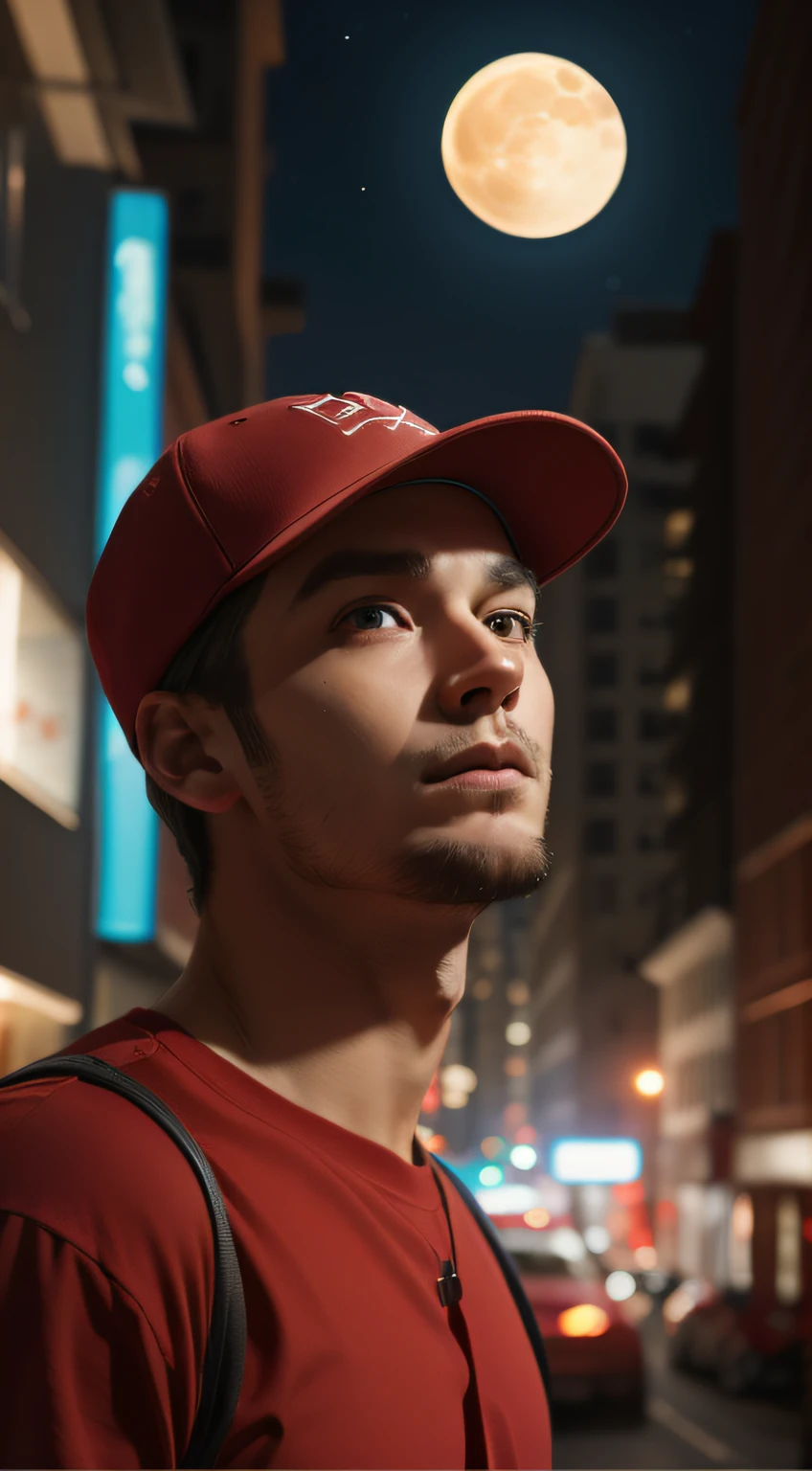 A man in a red shirt and a red hat looks up at the sky, In the city,natta,the sky has the moon,themoon,Full moon