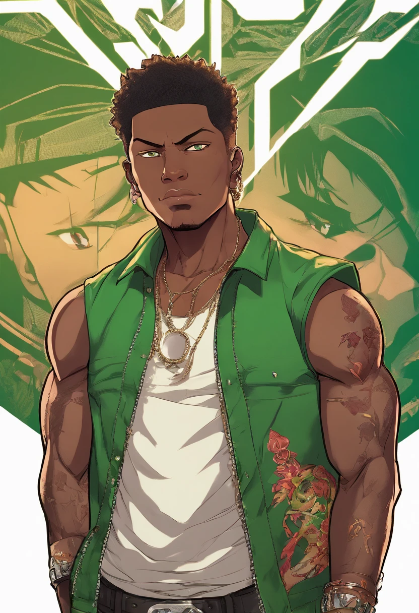 a close up of a dark skin person in a dark green shirt with black sleeves, ripped jeans with chained belt equipped , African American character in tekken, emerald green eyes, faded crew cut hair, half body close-up shot, male character, single character full body, full body shot hyperdetailed, style of mirror\'s edge, kentaro miura style, half body render, daigo ikeno, highly detailed half body, half body portrait shot