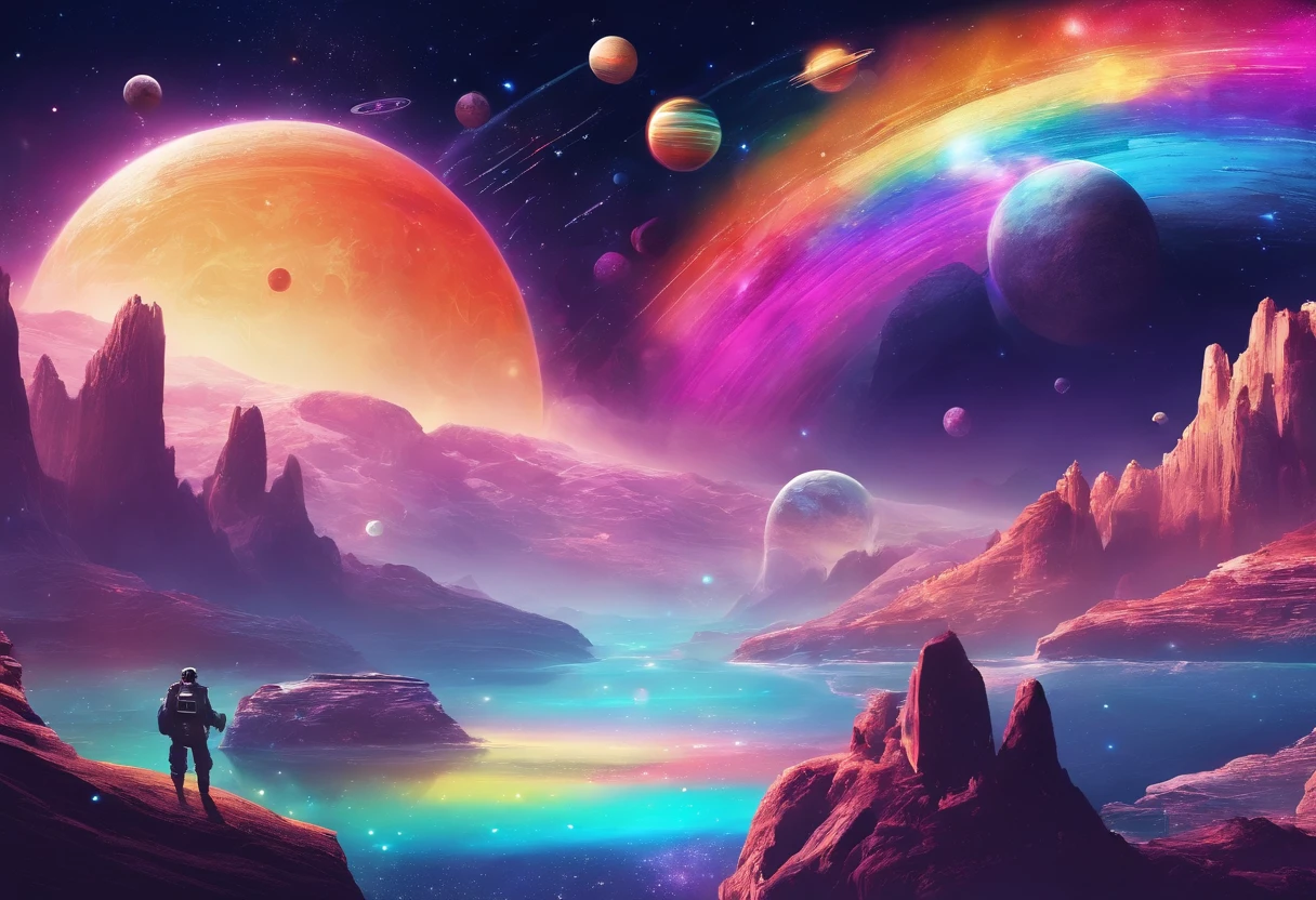 phantastic landscape on a foreign planet, a bright rainbow and planets with rings in the sky