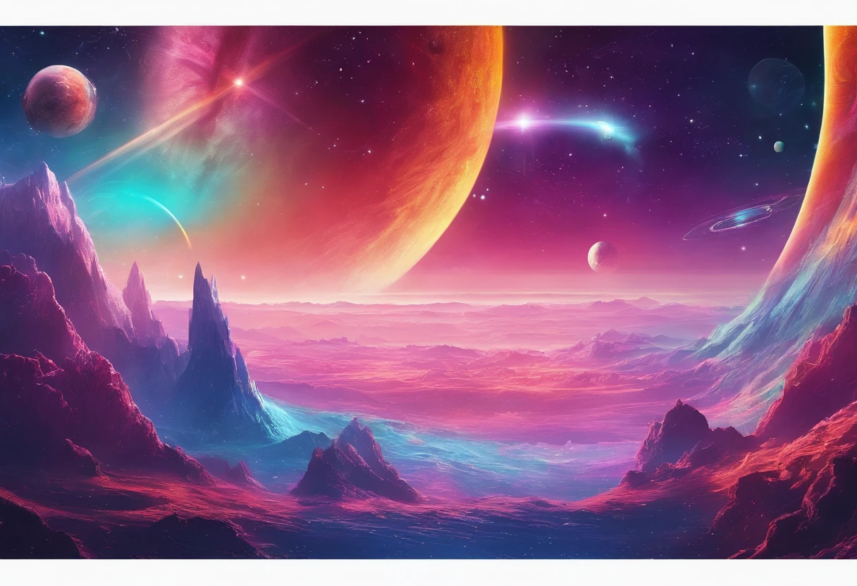 phantastic landscape on a foreign planet, a bright rainbow and planets with rings in the sky