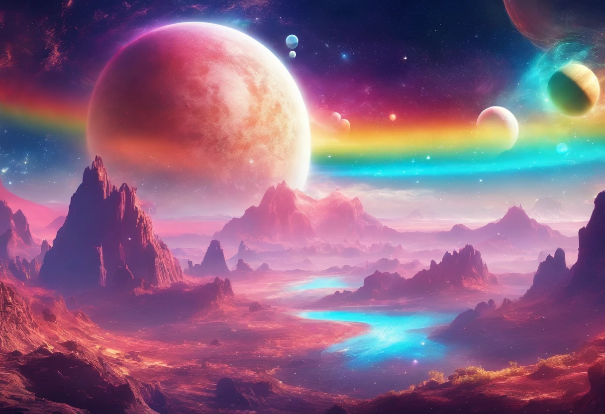phantastic landscape on a foreign planet, a bright rainbow and planets with rings in the sky