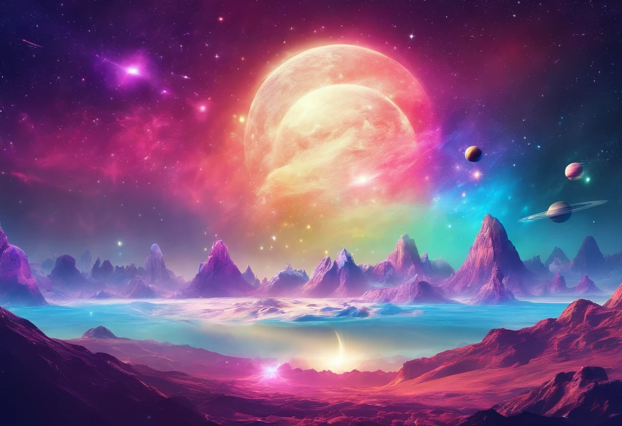 phantastic landscape on a foreign planet, a bright rainbow and planets with rings in the sky