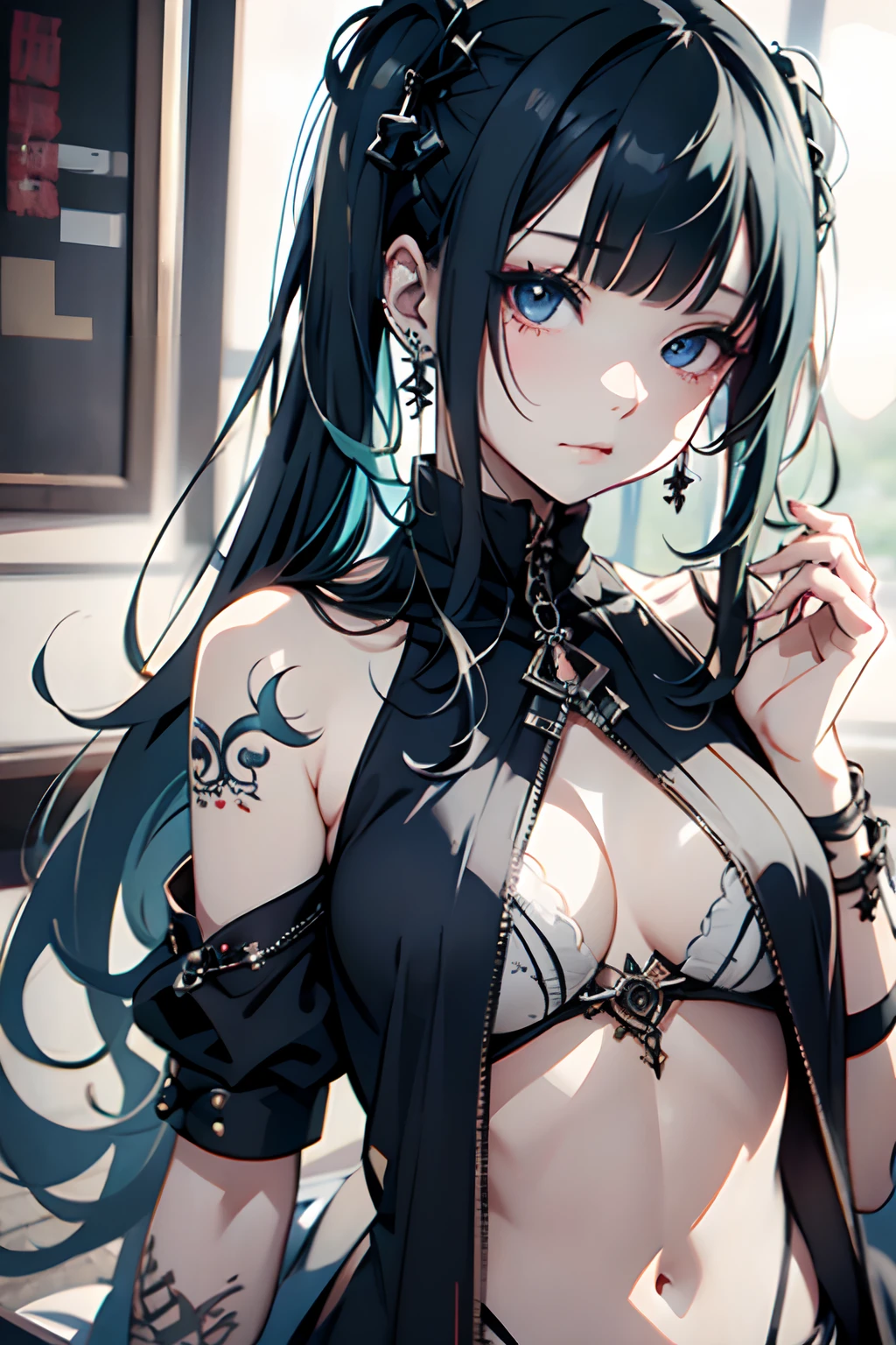 hair adornments、piercings、The tattoo、goth_punk, 1girl in, 独奏,、top-quality, Photorealistic, An ultra-fine illustrations, beautiful attractive anime girl, miku hatsune, Slender body, Tied hair, one girls, a photo of girl, Full body shot, Beautiful blue eyes, Turned,耳Nipple Ring、hair adornments、jewely、miku hatsune、