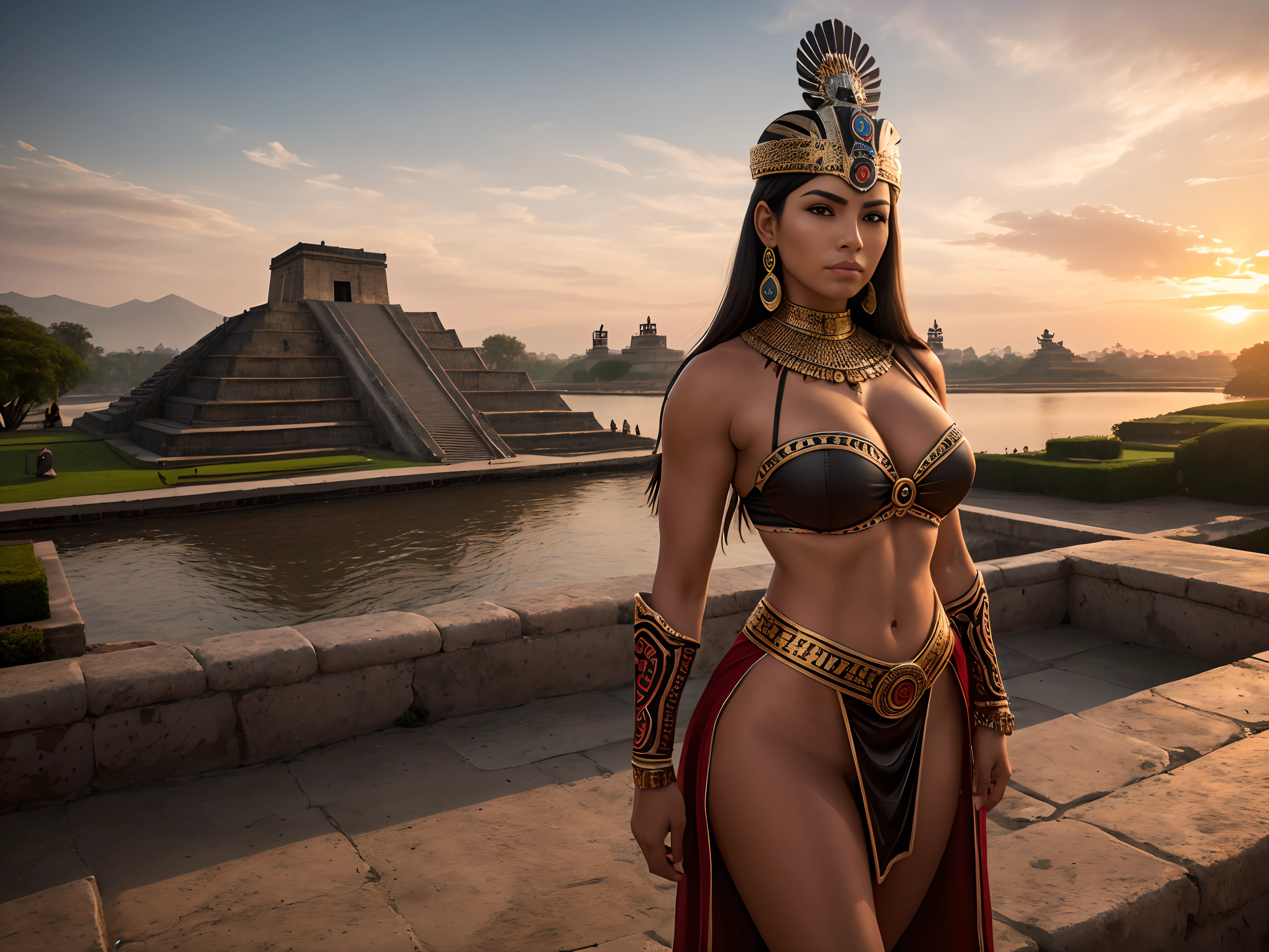 Imaging: Enigmatic Aztec warrior in jaguar armor on the islet with Tenochtitlan at sunset

Create a captivating image with an Aztec warrior with a completely original design. The warrior must be dressed in a unique and exquisite jaguar armor, highlighting her irresistible beauty and her sensual and very voluptuous physique. Destaca el encanto de su rostro y cuerpo, representing her with a sheen of sweat and in a threatening and imposing posture.

Place it gracefully on a lonely islet, aislado en medio de aguas tranquilas, with the majestic city of Tenochtitlan bathed in the golden tones of the setting sun in the background. Make sure there is no duplication of characters, extremidades ni armas en la escena; She should be the only focus of attention.

La imagen debe irradiar un aura de poder y belleza, with a particular emphasis on the enigmatic appeal of the face of the Aztec warrior and the exquisite sensuality of her well-toned and bright physique... Place it in front of the stunning backdrop of Tenochtitlan at sunset and capture it in this evocative and unique setting