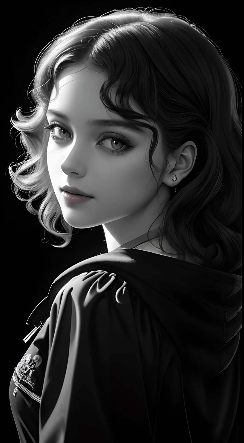 Russian Girl, Trends on ArtStation, Trends on CGSociety, Intricate, High Detail, Clear Focus, Dramatic, Realistic Art of Drawing, by Midjourney and Greg Rutkowski, ((Best Quality)), ((Masterpiece)), High Resolution, Original, Very Detailed Wallpaper, Very Delicate and Pretty, Illustration, Cinematic Light, Volumetric Light, Halo Effect, Light Particles, ((1girl)), beautifuldetailedeyes, longsleeves, hoodie, frills, noshadow, simplebackground, (((black background))), European, bright, (((1980s(style)))), cinema, silhouette, grayscale, monochrome, ((large wavy curls)), slit pupils, (((looking back))), cinematic angles, ((( (close-up))),(((portrait))), lens flare, seductive smile, tarot cards, medium hair