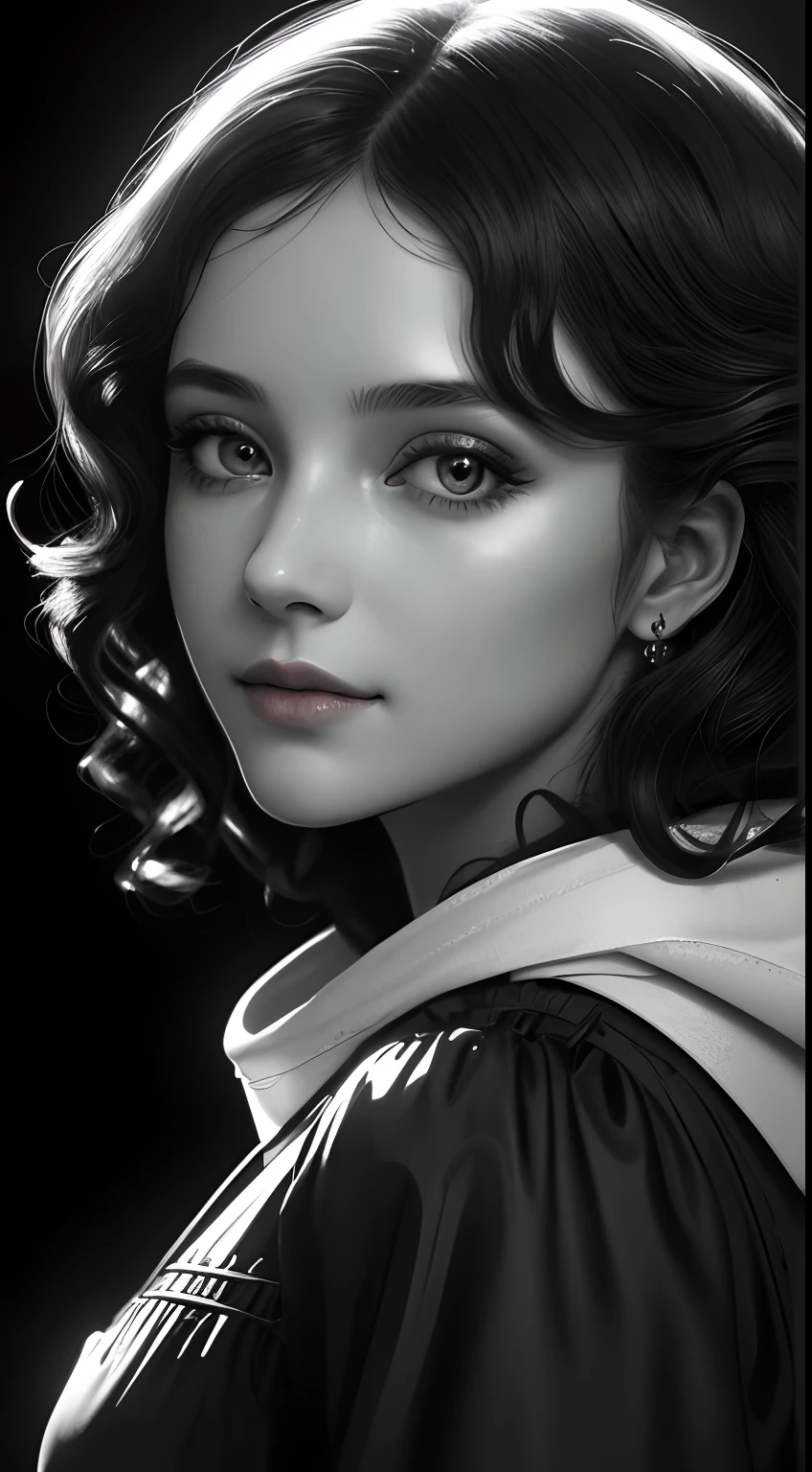 Russian Girl, Trends on ArtStation, Trends on CGSociety, Intricate, High Detail, Clear Focus, Dramatic, Realistic Art of Drawing, by Midjourney and Greg Rutkowski, ((Best Quality)), ((Masterpiece)), High Resolution, Original, Very Detailed Wallpaper, Very Delicate and Pretty, Illustration, Cinematic Light, Volumetric Light, Halo Effect, Light Particles, ((1girl)), beautifuldetailedeyes, longsleeves, hoodie, frills, noshadow, simplebackground, (((black background))), European, bright, (((1980s(style)))), cinema, silhouette, grayscale, monochrome, ((large wavy curls)), slit pupils, (((looking back))), cinematic angles, ((( (close-up))),(((portrait))), lens flare, seductive smile, tarot cards, medium hair