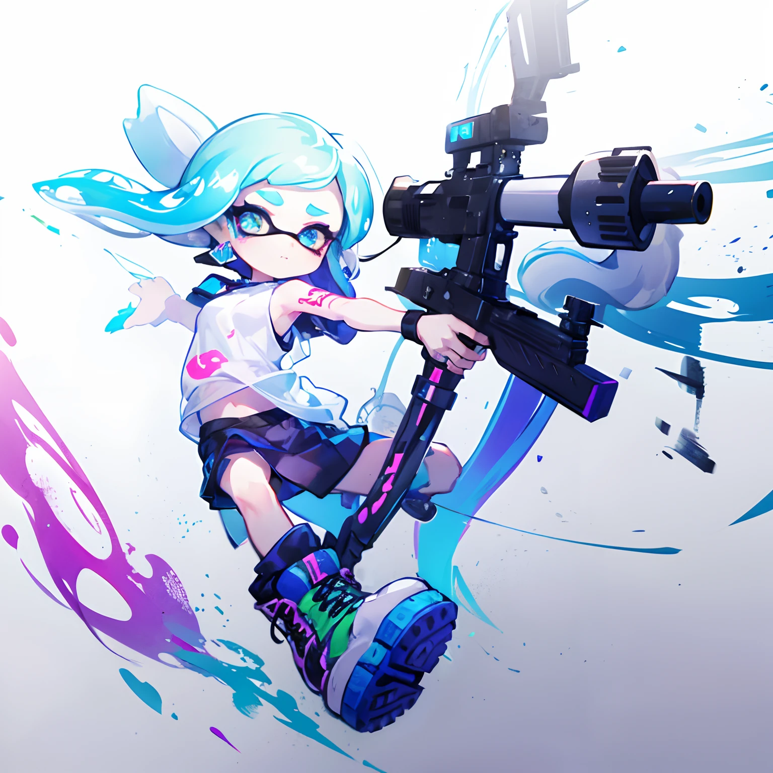 Drawing of a girl with a bow - a sling、with splatoon style, video game fanart, With a tattoo of a squid, Splatoon 3, high quality fan art, squid、hiquality、Super fancy colorful splatter ink background