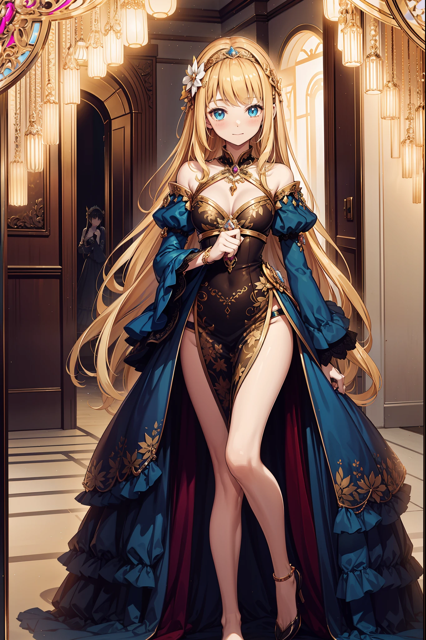 teens girl，divino，Enchanted，having fun，Being in love，blond hairbl，Dark color dress，transparent costume，intricate detailed clothes，Pattern，Princess headband，A small amount of lace，swim wears，dining room，solo person，the night，
