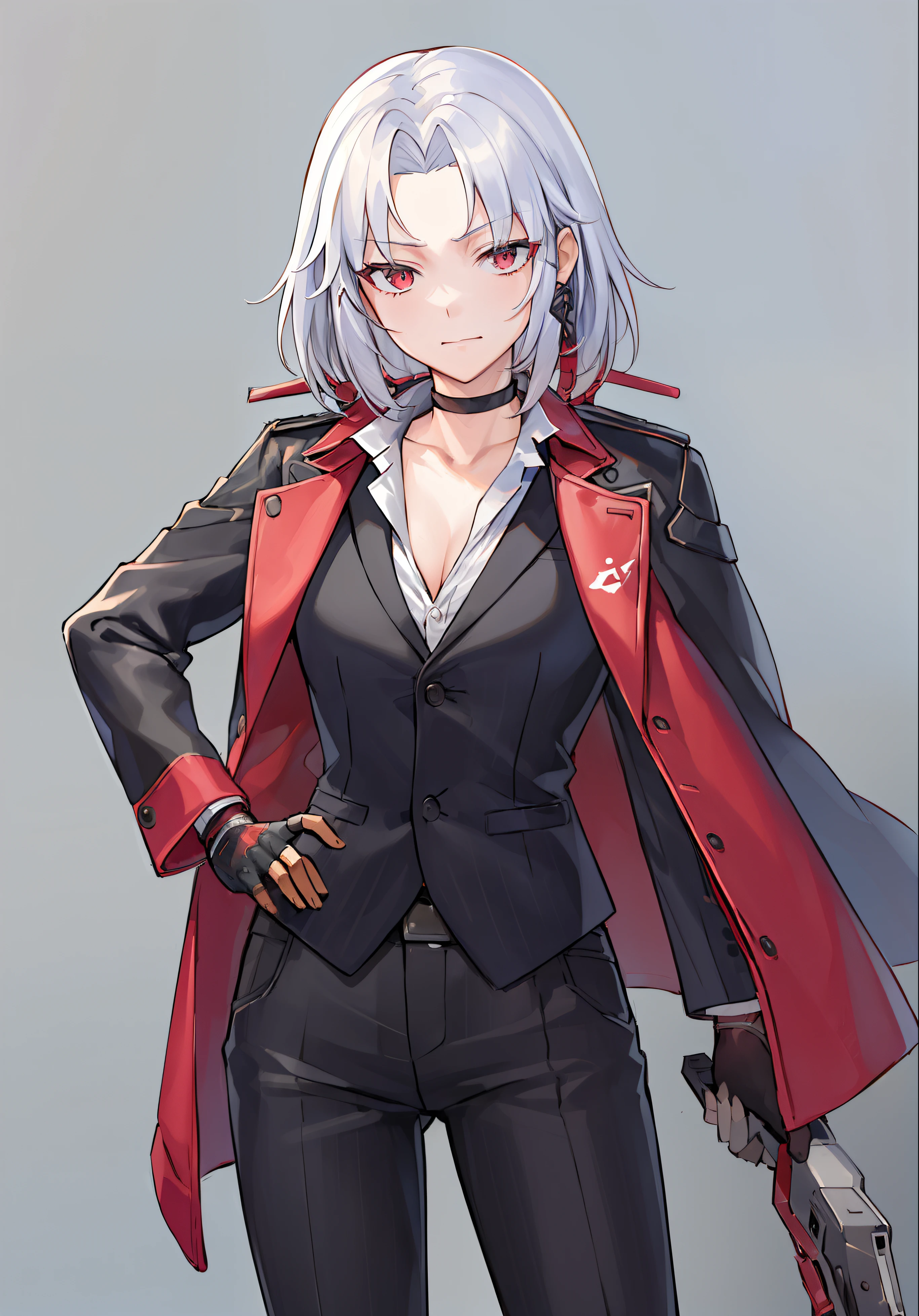 ((((masterpiece, best quality, high resolution)))), 
1girl, weapon, gun, solo, gloves, fingerless gloves, choker, holding weapon, formal, pants, jacket, suit, holding, holding gun, looking at viewer, black gloves, jacket on shoulders, pinstripe pattern, black choker, hand on hip, black jacket, shirt, striped, alternate costume, collarbone, closed mouth