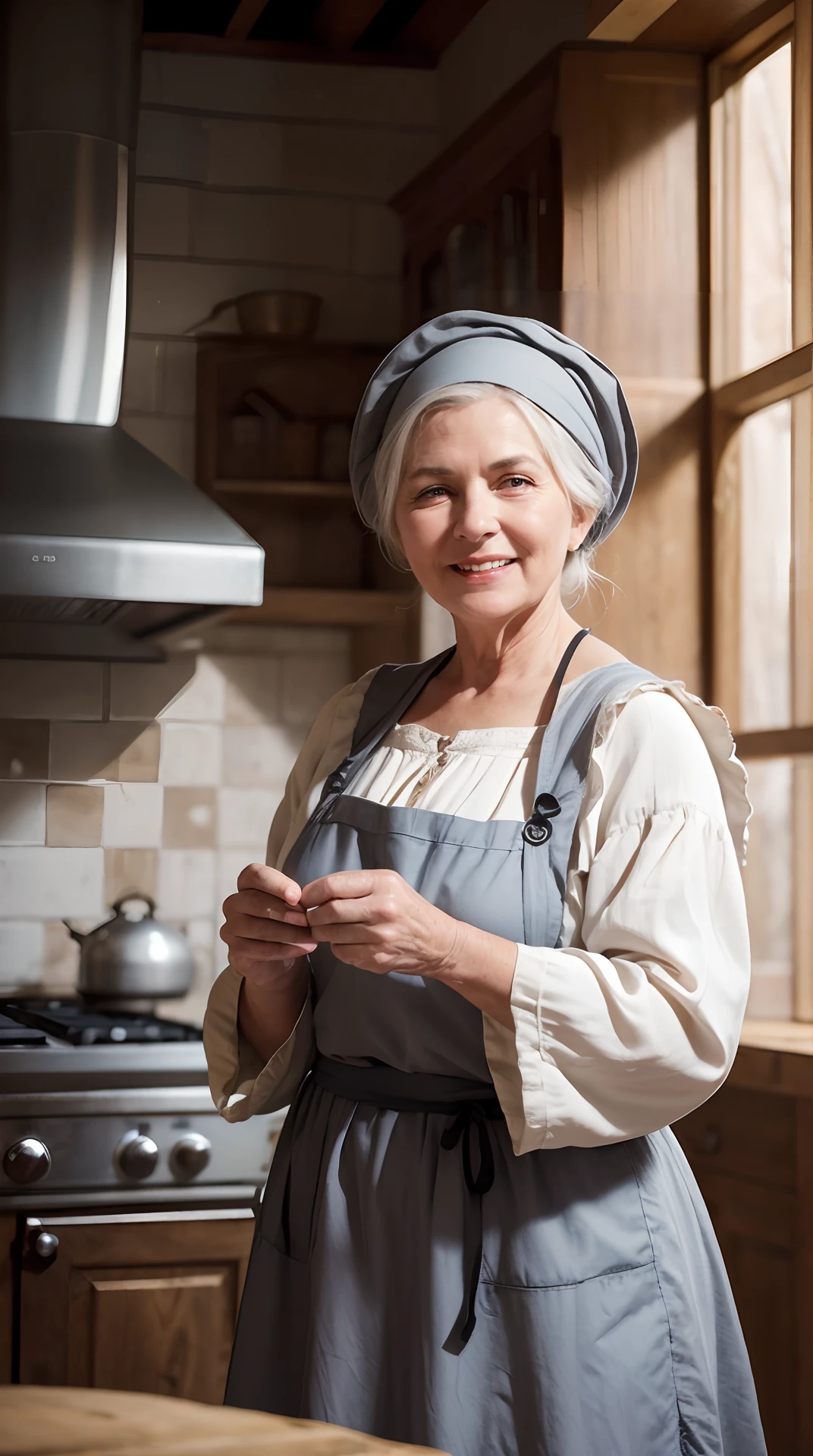 RAW photo, older woman, Waist-length image in the center of the composition, fat, Good-natured, friendly, Sly smile, ((medieval garb)), gray apron, bonnet on his head, (Kitchen in a medieval castle), blurred background, 8K UHD, dim lighting, hiquality, Film grain, Fujifilm XT3