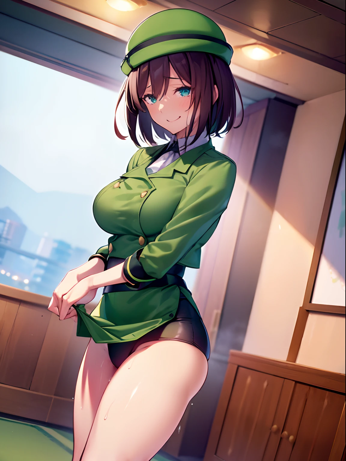 1girl in, wide hips, Colossal tits, Big ass, (Best Quality, 8K, masutepiece: 1.3), Clear focus: 1.2, Perfect Body Beauty: 1.4 , Slender Abs: 1.2,  Highly detailed facial and skin texture, Detailed eyes, Double eyelids, (Green jacket),(Green Super Mini Skirt)、(Green hat)  (Miss Thorpe welcoming guests)、Butt sticking out pose、(Short Bob)、Erotic Poses、Nasty smile、(incontinence)、full of sweat、One eye is hidden by hair、Full body like、(A dark-haired)、(Sex Worker)、Tongue licking、((Open your mouth))、Red face、Touching the crotch、Tazuna Surugawa(Uma Musume)、is in estrus