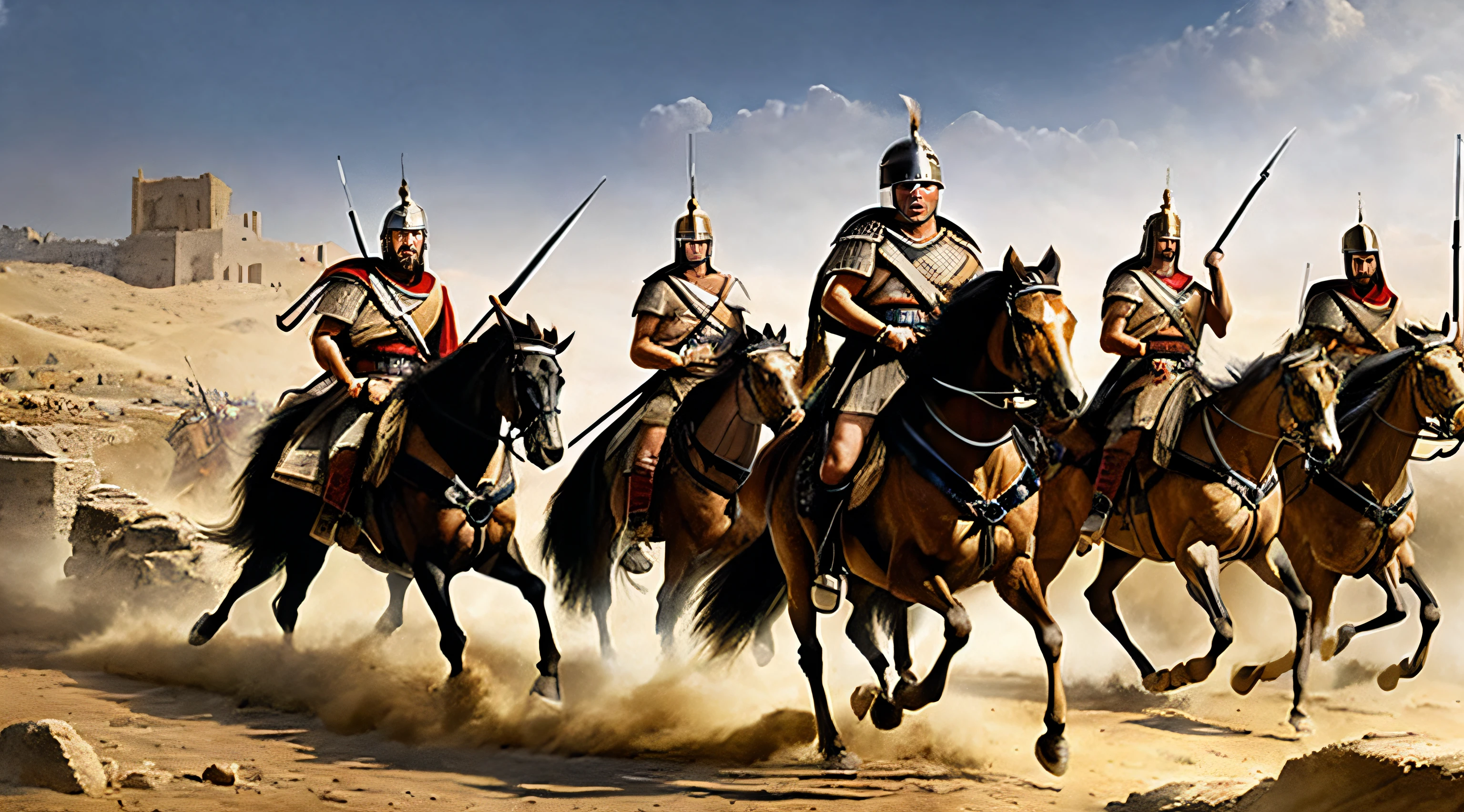 a painting of a group of men riding horses and carts, trojan war, distant battle of cannae 216 bce, historical artistic depiction, mongolian invasion of iraq, by Krzysztof Boguszewski, 1 2 0 0 bc, cavalry charge, by Artur Tarnowski, in battle, by Bernard Meninsky, by Edwin Georgi --auto --s2