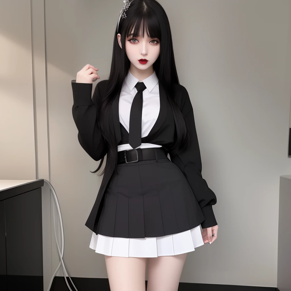 Best quality, masterpiece, super high resolution, (realism: 1.4), black hair, pale skin, bedhead, goth, happy, white school uniform, black lipstick, full body shot, tie, skirt, school