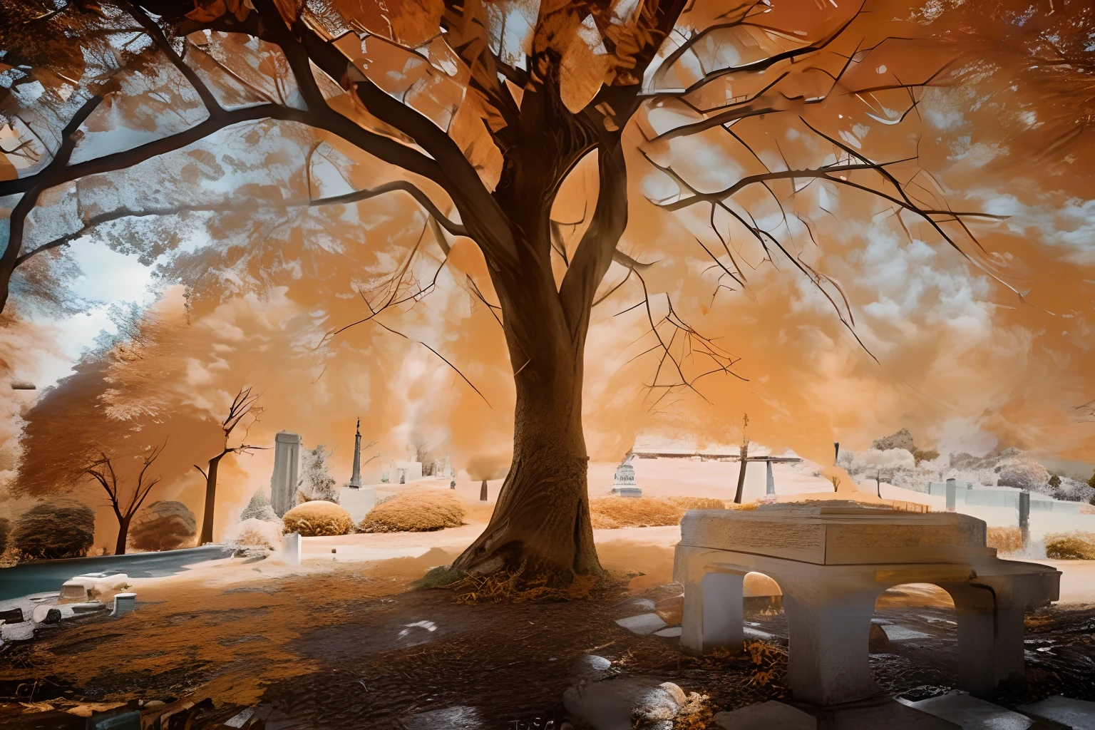 There are yellow-leaved trees in the cemetery，There are benches and fire hydrants, Infrared photography, Infrared film, soft autumn sunlight, fall season, Kodak HIE infrared film, Magical tree, Yellow infrared, autumn sunlights, autumn light, the morning sun, Infrared ambient light, radiant morning light, shining sun, morningglow, sunny amber morning light, breath - taking beautiful trees