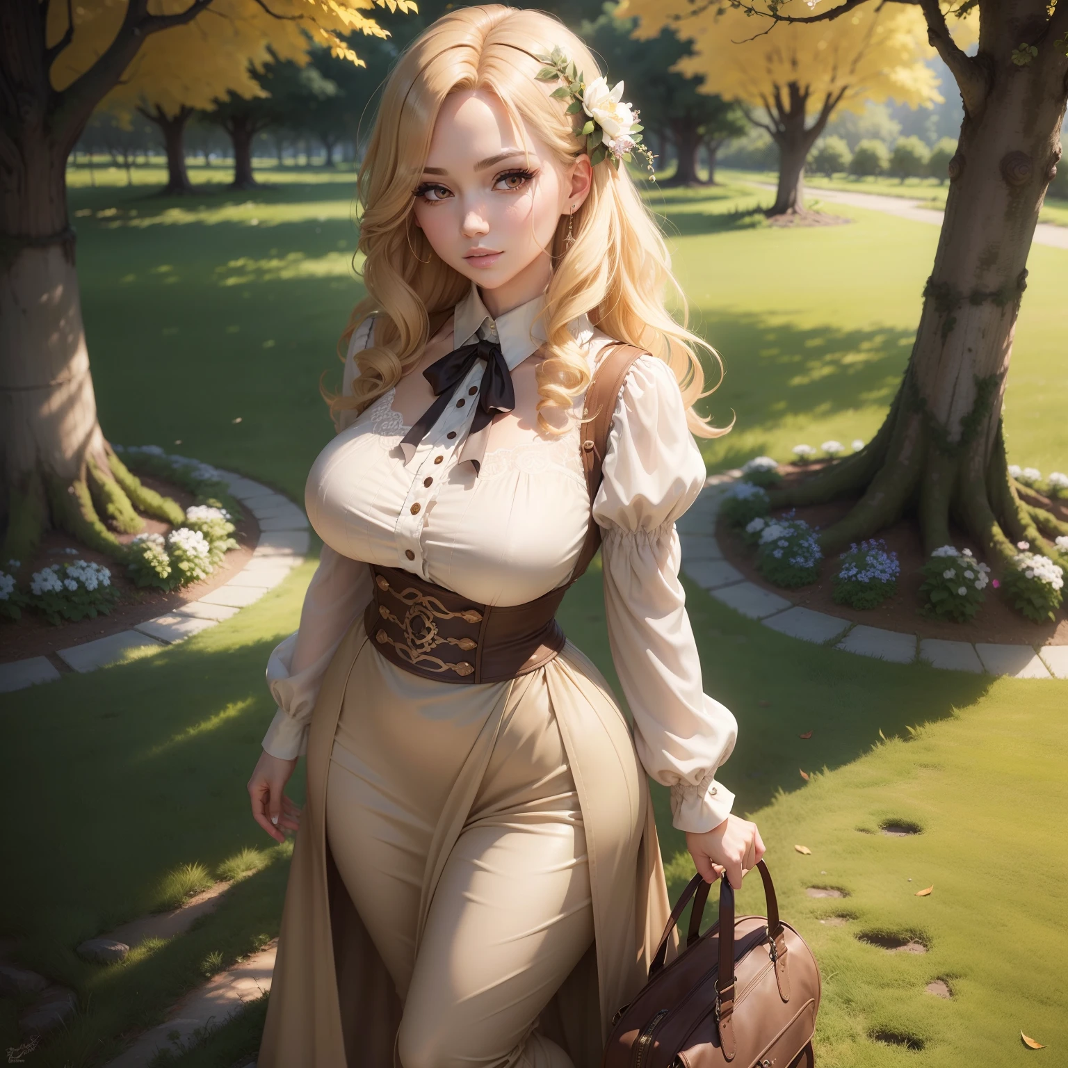 (masutepiece:1.2), (Best Quality:1.2), Full body portrait,Perfect eyes, Perfect face, Perfect Lighting, 1girl in, Mature woman in the field, medium blonde hair, Curly hair, detailed clothes, Detailed outdoor background, makeup, eyeshadows, thick eyelashes, Fantasy, Looking at the viewer, spring,