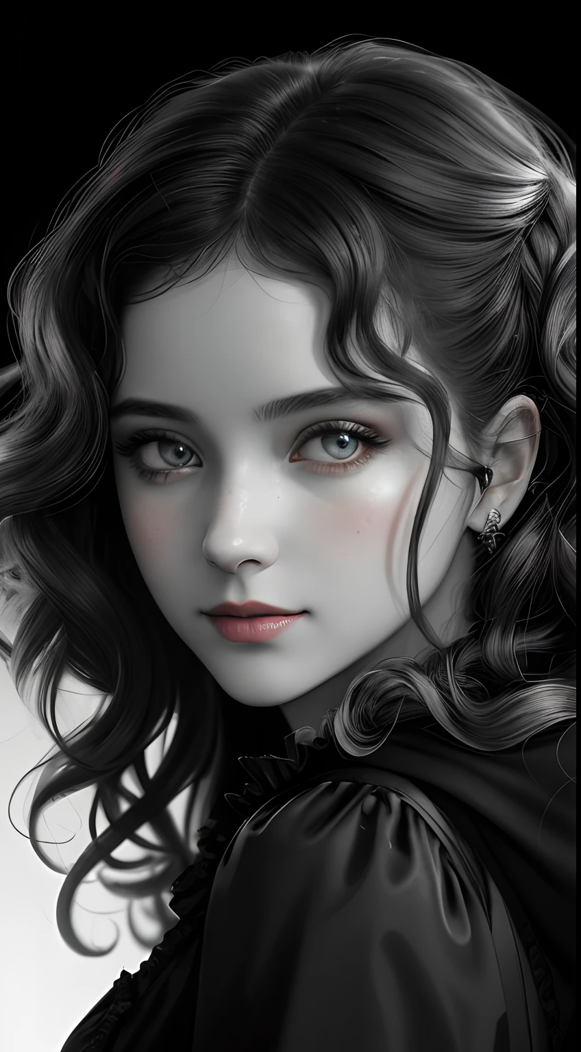 Russian Girl, Trends on ArtStation, Trends on CGSociety, Intricate, High Detail, Clear Focus, Dramatic, Realistic Art of Drawing, by Midjourney and Greg Rutkowski, ((Best Quality)), ((Masterpiece)), High Resolution, Original, Very Detailed Wallpaper, Very Delicate and Pretty, Illustration, Cinematic Light, Volumetric Light, Halo Effect, Light Particles, ((1girl)), beautifuldetailedeyes, longsleeves, hoodie, frills, noshadow, simplebackground, (((black background))), European, bright, (((1980s(style)))), cinema, silhouette, grayscale, monochrome, ((large wavy curls)), slit pupils, (((looking back))), cinematic angles, ((( (close-up))),(((portrait))), lens flare, seductive smile, tarot cards, medium hair