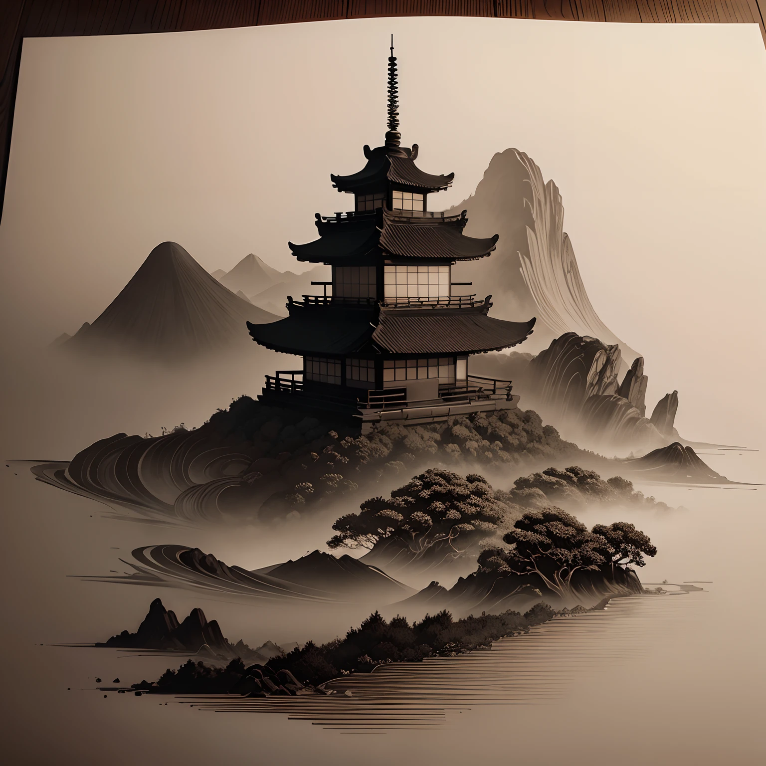 Misty landscape Japanese ink