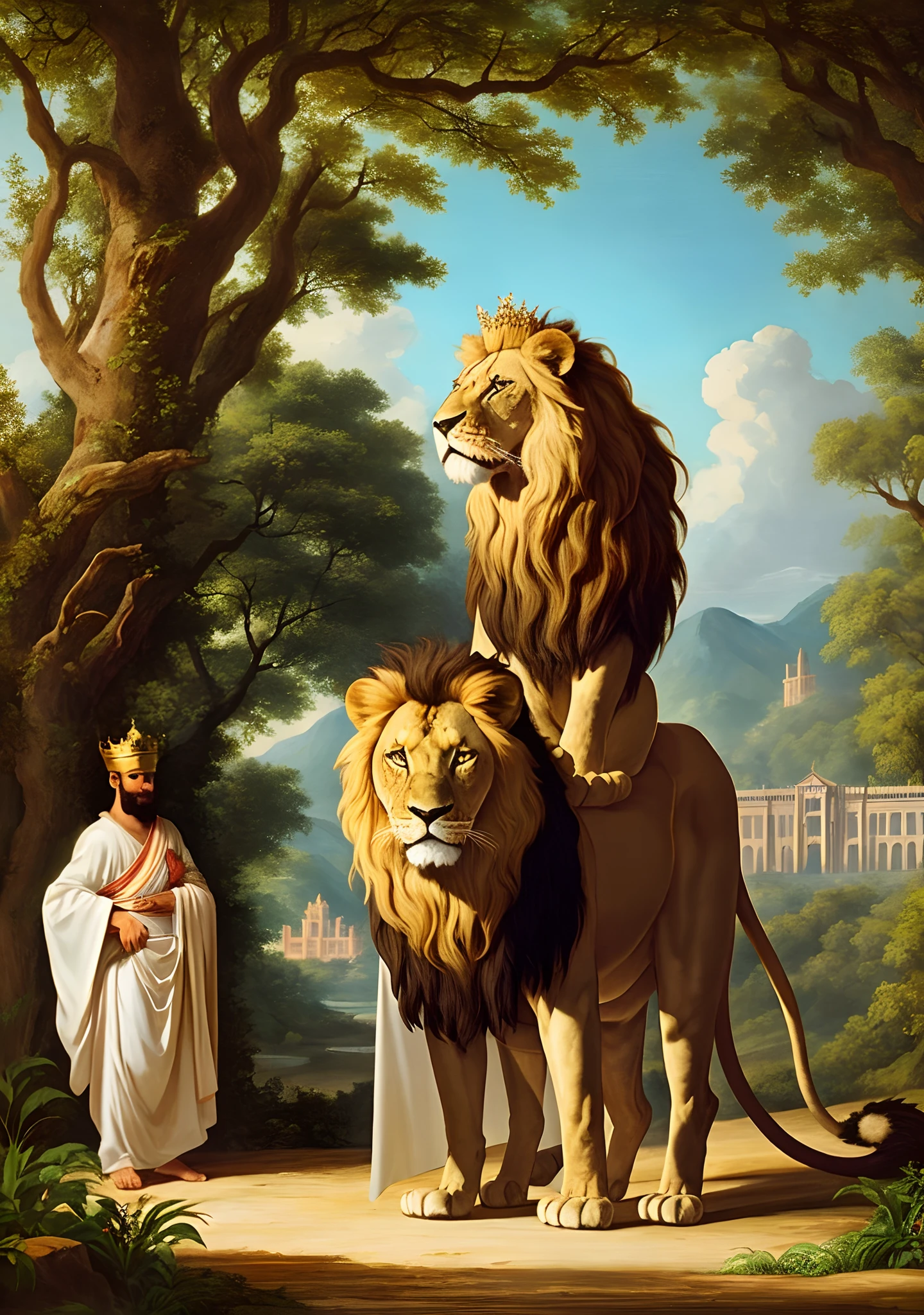 A majestic black king with a lion standing in front of a grand palace, the king is wearing a golden crown and a flowing white robe, the lion is licking its paws, the palace is surrounded by lush green gardens, the sky is clear blue, the mood is peaceful and serene, Painting, oil on canvas