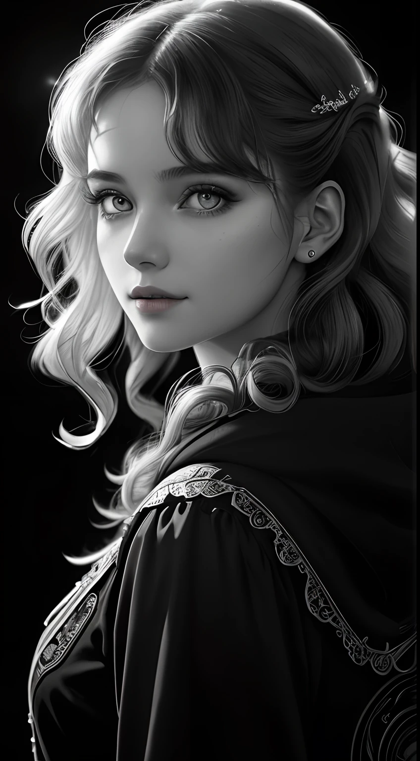 Russian Girl, Trends on ArtStation, Trends on CGSociety, Intricate, High Detail, Clear Focus, Dramatic, Realistic Art of Drawing, by Midjourney and Greg Rutkowski, ((Best Quality)), ((Masterpiece)), High Resolution, Original, Very Detailed Wallpaper, Very Delicate and Pretty, Illustration, Cinematic Light, Volumetric Light, Halo Effect, Light Particles, ((1girl)), beautifuldetailedeyes, longsleeves, hoodie, frills, noshadow, simplebackground, (((black background))), European, bright, (((1980s(style)))), cinema, silhouette, grayscale, monochrome, ((large wavy curls)), slit pupils, (((looking back))), cinematic angles, ((( (close-up))),(((portrait))), lens flare, seductive smile, tarot cards, medium hair