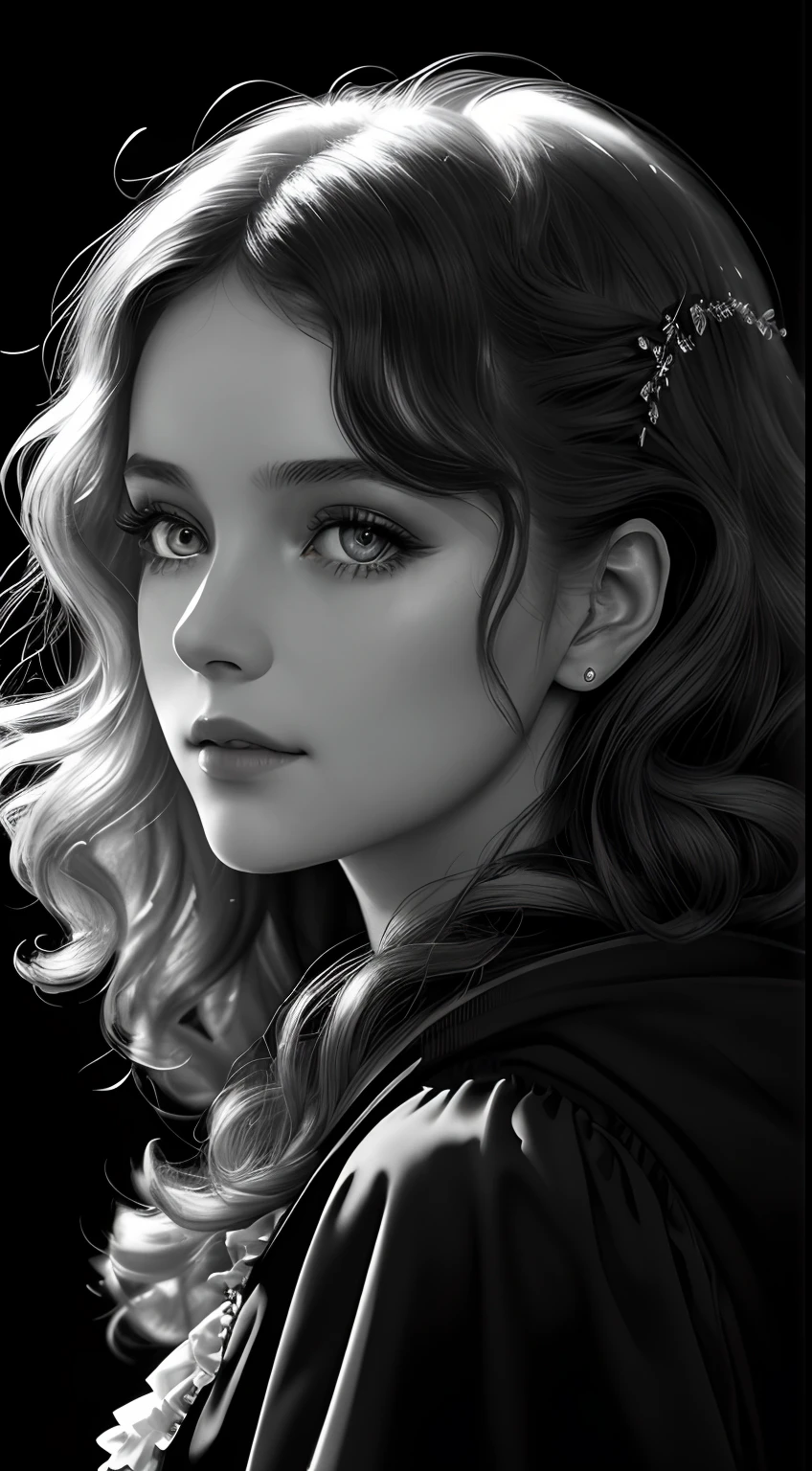 Russian Girl, Trends on ArtStation, Trends on CGSociety, Intricate, High Detail, Clear Focus, Dramatic, Realistic Art of Drawing, by Midjourney and Greg Rutkowski, ((Best Quality)), ((Masterpiece)), High Resolution, Original, Very Detailed Wallpaper, Very Delicate and Pretty, Illustration, Cinematic Light, Volumetric Light, Halo Effect, Light Particles, ((1girl)), beautifuldetailedeyes, longsleeves, hoodie, frills, noshadow, simplebackground, (((black background))), European, bright, (((1980s(style)))), cinema, silhouette, grayscale, monochrome, ((large wavy curls)), slit pupils, (((looking back))), cinematic angles, ((( (close-up))),(((portrait))), lens flare, seductive smile, tarot cards, medium hair