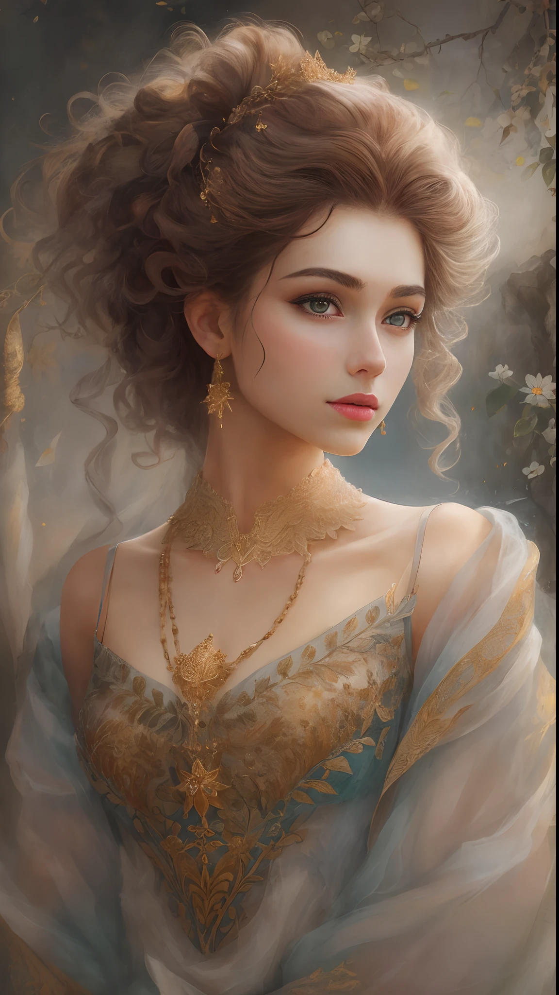 (Best quality, 4K, 8K, A high resolution, Masterpiece:1.2), Ultra-detailed, Realistic portrait of an 18 year old aristocratic girl, Exquisite facial features，Long brown curly hair details expressed, The posture is leisurely and natural，Graceful posture, The golden ratio of the head and body，Dreamy atmosphere, expressive brush strokes, mystical ambiance, Artistic interpretation,Delicately coiled hair，Floral jewelry with exquisite details, Crystal diamond jewelry，Small fresh aesthetics，Stunning intricate costumes, Fantasy illustration, Subtle colors and tones, mystical aura,The details have been upgraded