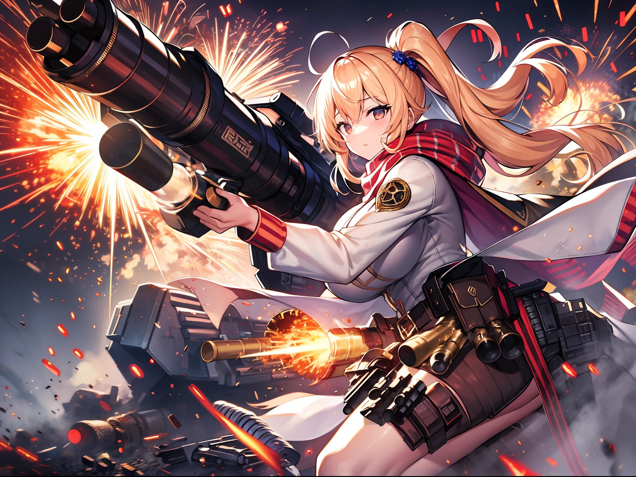 Outrageous resolution、​masterpiece++、top-quality++、ultra-definition++、ultra-definition++、4k++、8k++、from side、（Background Focus）++、（（（1）））+++、Sexily dressed woman wearing peach-colored jacket and white scarf with ammunition belt and Gatling gun on battlefield with explosions and sparks that destroy cities１Cast a man's muscular big breasts military spell、On a battlefield with explosions and sparks, he wore a peach-colored jacket and white scarf with an ammunition belt and Gatling gun１Man muscular big breasts soldier rune、On a battlefield with explosions and sparks, he wore a peach-colored jacket and white scarf with an ammunition belt and Gatling gun１The magic of a muscular big breasts soldier、Wearing a peach-colored jacket and white scarf with an ammunition belt and Gatling gun on a battlefield with explosions and sparks flying above１Muscular big breasts soldier、On a battlefield with explosions and sparks, he wore a peach-colored jacket and white scarf with an ammunition belt and Gatling gun１Muscular Big Military Sorcerer、On a battlefield with explosions and sparks, he wore a peach-colored jacket and white scarf with an ammunition belt and Gatling gun１Muscular big breasts military goddess、detailed fantasy art、fantasy art style、Blake wearing a peach-colored jacket and white scarf with ammo belt and Gatling gun on a battlefield with beautiful ancient explosions and sparks１Muscular Colossal Soldier Witch、On a battlefield with explosions and sparks, he wore a peach-colored jacket and white scarf with an ammunition belt and Gatling gun１Man Muscular Big Military Colossal Queen、Fantasy Art Behans、Wearing a peach-colored jacket and white scarf with an ammunition belt and Gatling gun on a battlefield with beautiful explosions and sparks１Muscular Big Military Magician、Wearing a peach-colored jacket and white scarf with an ammunition belt and Gatling gun on a battlefield with beautiful explosions and sparks１Muscular Big Military Magician、Wearing a peach-colored jacket and white