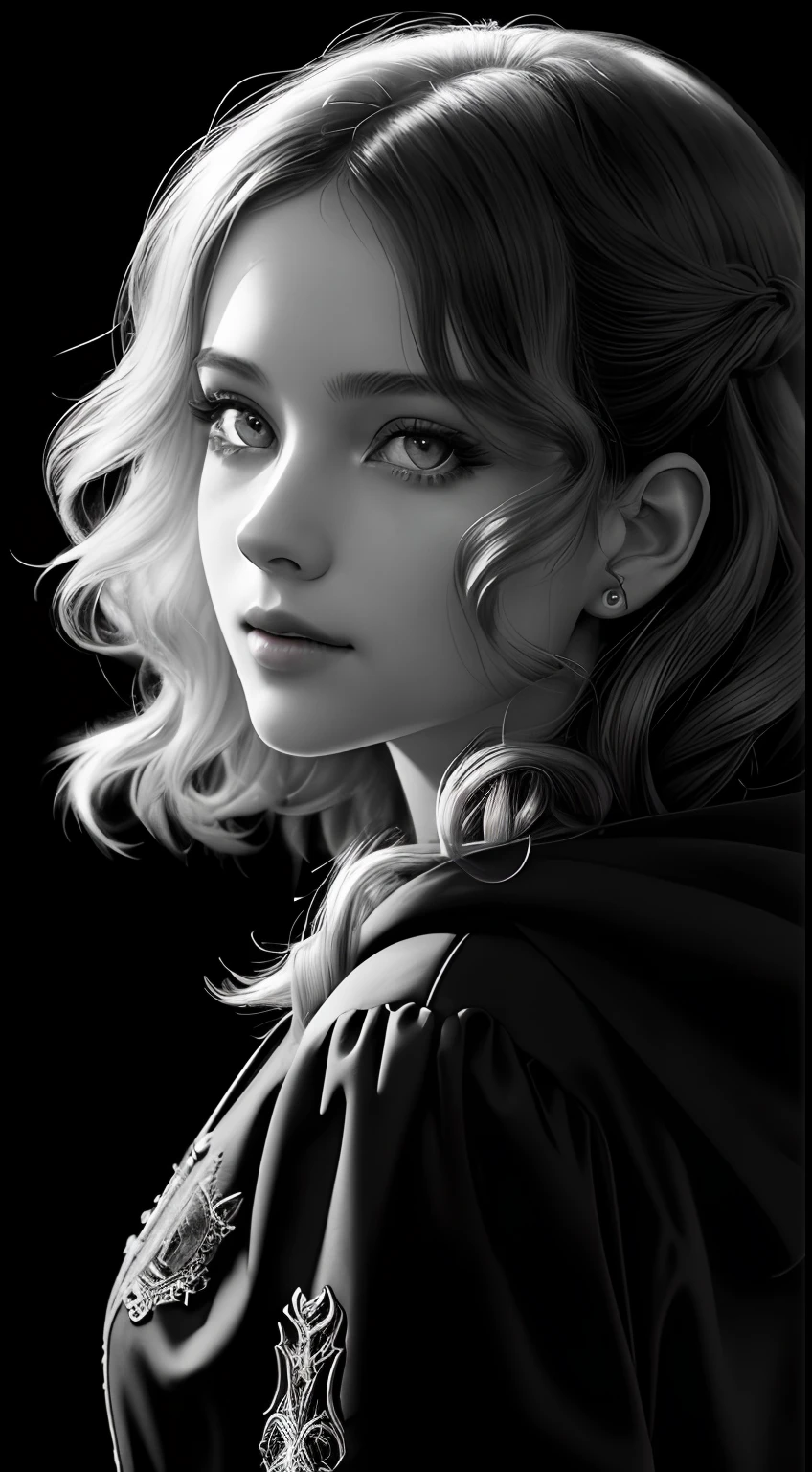 Russian Girl, Trends on ArtStation, Trends on CGSociety, Intricate, High Detail, Clear Focus, Dramatic, Realistic Art of Drawing, by Midjourney and Greg Rutkowski, ((Best Quality)), ((Masterpiece)), High Resolution, Original, Very Detailed Wallpaper, Very Delicate and Pretty, Illustration, Cinematic Light, Volumetric Light, Halo Effect, Light Particles, ((1girl)), beautifuldetailedeyes, longsleeves, hoodie, frills, noshadow, simplebackground, (((black background))), European, bright, (((1980s(style)))), cinema, silhouette, grayscale, monochrome, ((large wavy curls)), slit pupils, (((looking back))), cinematic angles, ((( (close-up))),(((portrait))), lens flare, seductive smile, tarot cards, medium hair