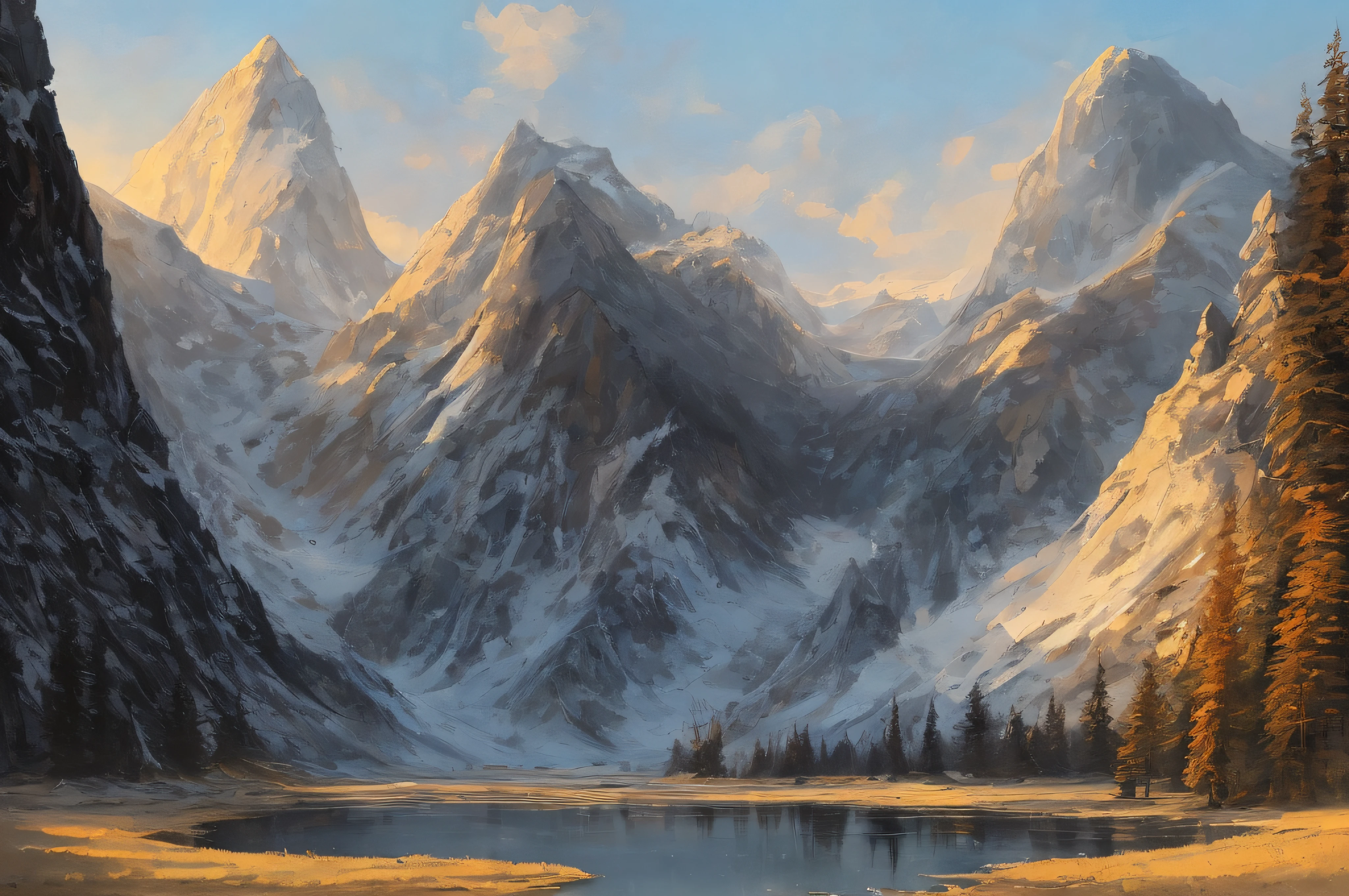 samdoesarts style. physical palette knife painting, thick Oil paint, stunning landscape, vast scale, soft colors, muted contrast, extremely detailed and intricate, Romanian mountains, God rays, sharp focus