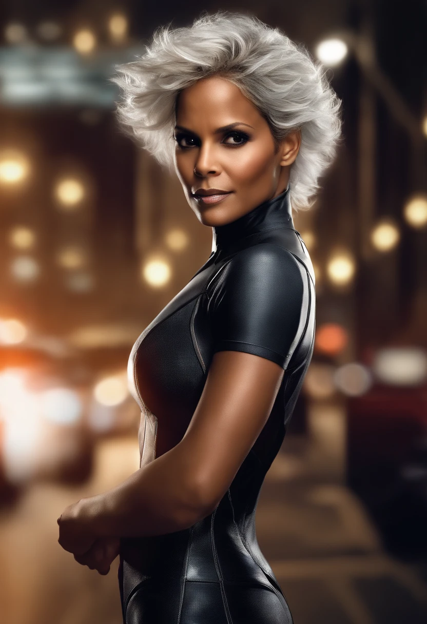 [Halle Berry] from X-Men with white hair wearing tight-fitting outfit with cape flying over night city with lightnings coming out of hands, lighning bolts, storm, tornado, beautiful face,perfect face, skin pores, intricate skin texture, realistic skin, black skin, single girl, solo girl, analog style,glossy, realistic, photo shoot, professional, limited palette,high contrast,amazing detail,dynamic lights, hyperrealism, masterpiece, best quality, HDR, viewpoint, highest quality, sharp focus, digital art render, 8k