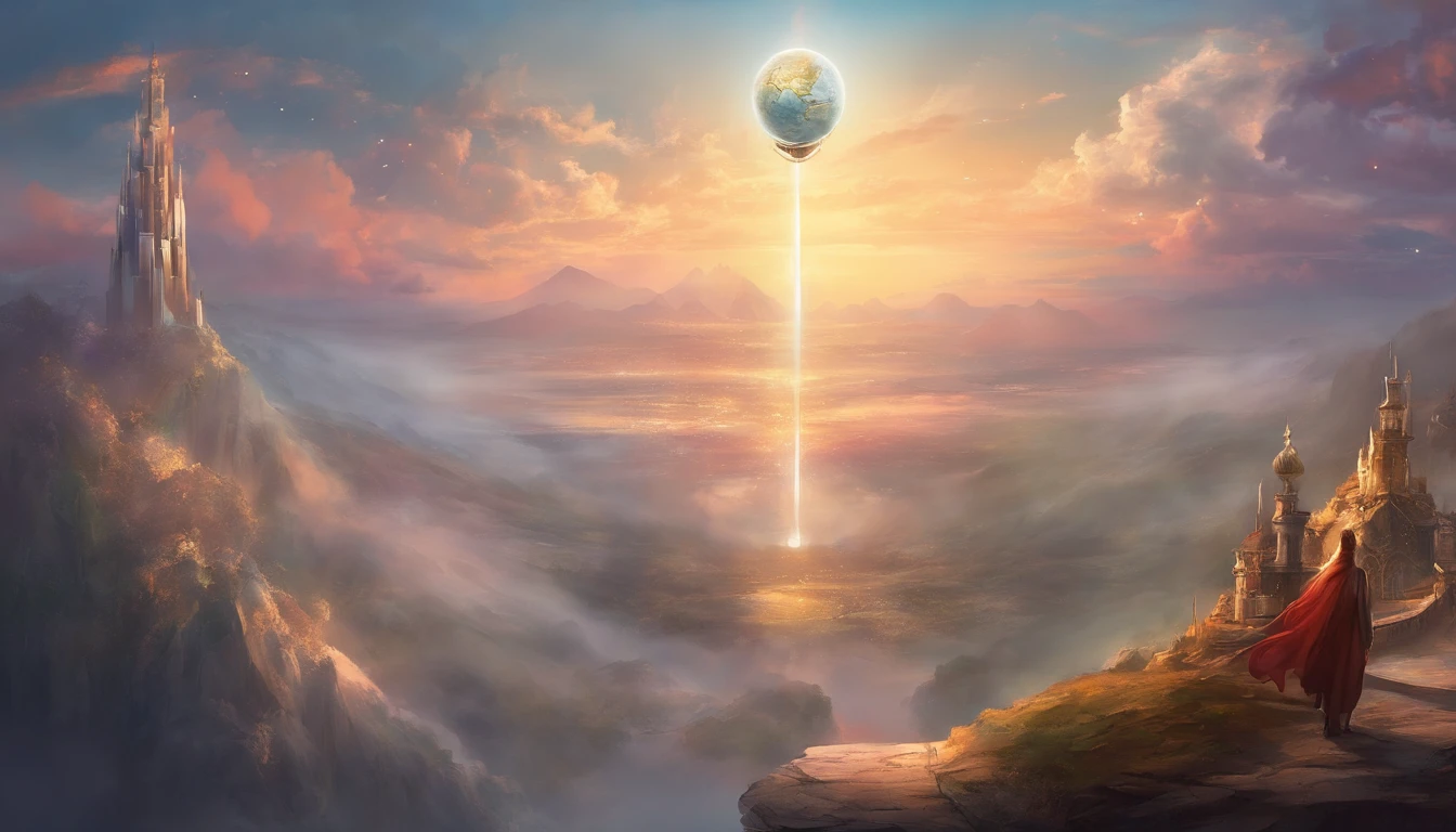 young aspiring human on top of the highest tower in the world looking over to earth globe
