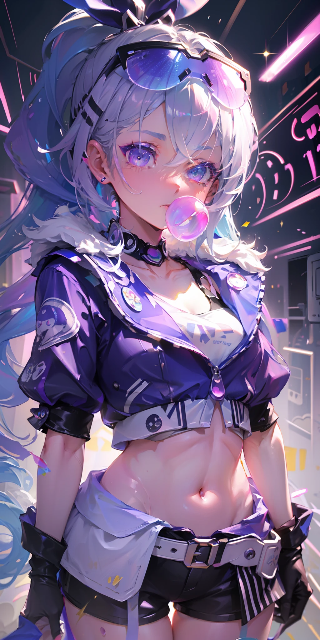 full body, 1girl, li, solo, Eye focus,Masterfully crafted Glow, pink lens flare, Cinematic background,colourful, hyper details, hdr, ultra detailed eyes, mature, plump, rainbow painting drops,(supermodel:1.3), made up from paint, entirely paint, splat, splash, indoors, (bioluminescent hair:1.1),(glowing eyes), ((makeup)), fierce, powerful, splashes of colour absolutely eye-catching, dynamic angle, beautiful detailed glow, ambient occlusion, ambient light, raytraced reflections, retro style, living arcade characters, arcade style world, gloves, jacket,weapon, shorts, black gloves, black jacket, gun, drill hair, black shorts, eyewear on head, bubble blowing, chewing gum, (Cute face:1.3),