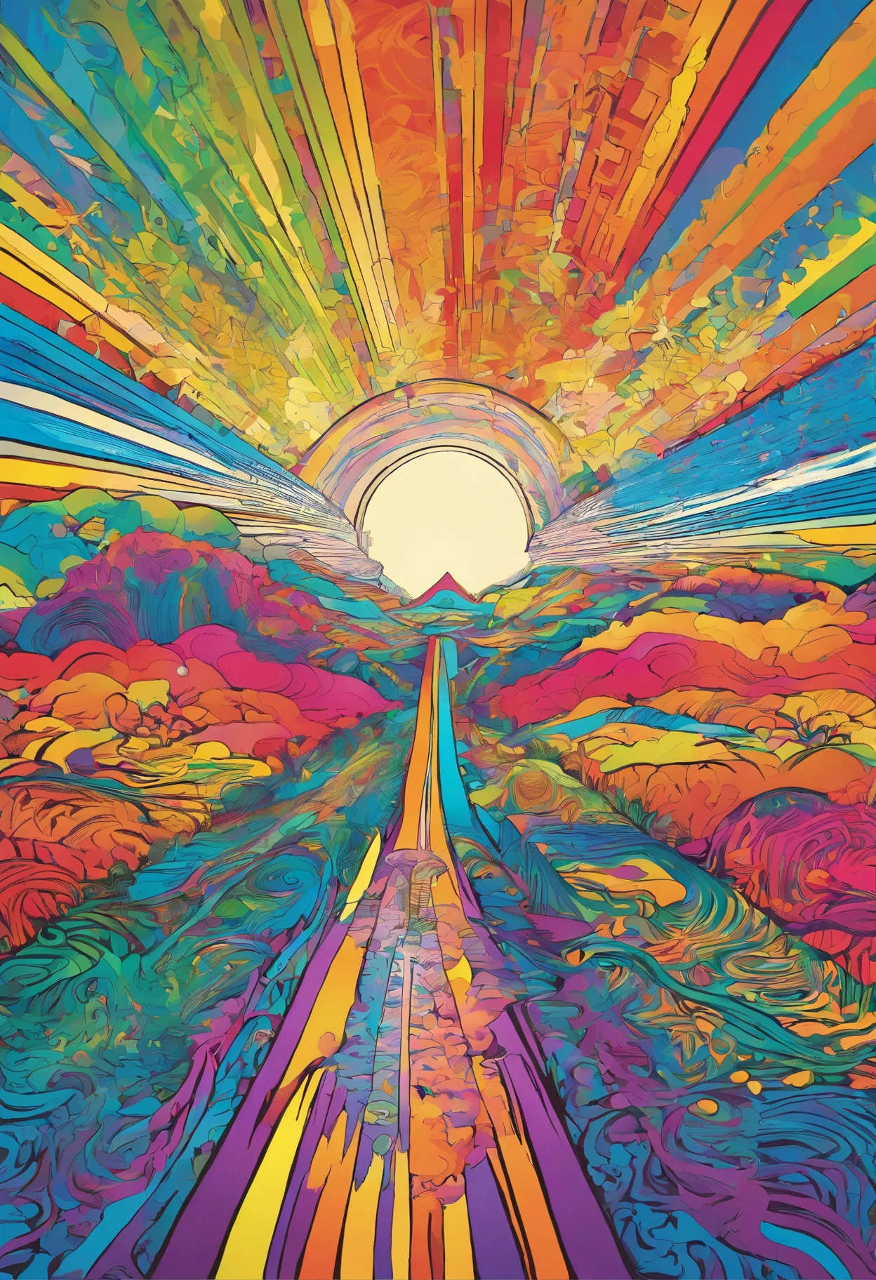 Radiant Resonance: A Meditative Rainbow Journey. A serene and vibrant landscape where light and consciousness intersect. As you gaze upon a majestic rainbow, allow its colors to resonate with your inner world, illuminating the depths of your being. Ultra-long-range viewing angle.
