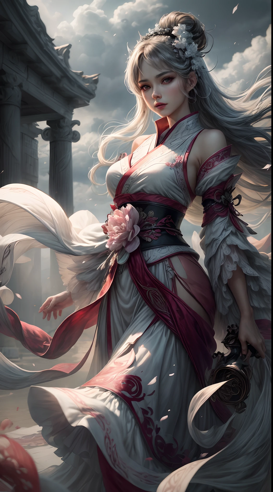 (Best quality,4K,A high resolution,Masterpiece:1.2),Ultra-detailed,Realistic, Black and white Hanfu,Black embroidery, Flowing white ponytail, Long flowing hair, White mask, The mask flutters in the wind, Fringed Hair Ornament, Peony flower, Ancient style, Wide sleeves, Dynamic pose, Dramatic composition, falling flower petals, red waistband, the complex background, Ancient architecture, Misty clouds, Fairy tale background, Swirling clouds, Cinematic lighting.