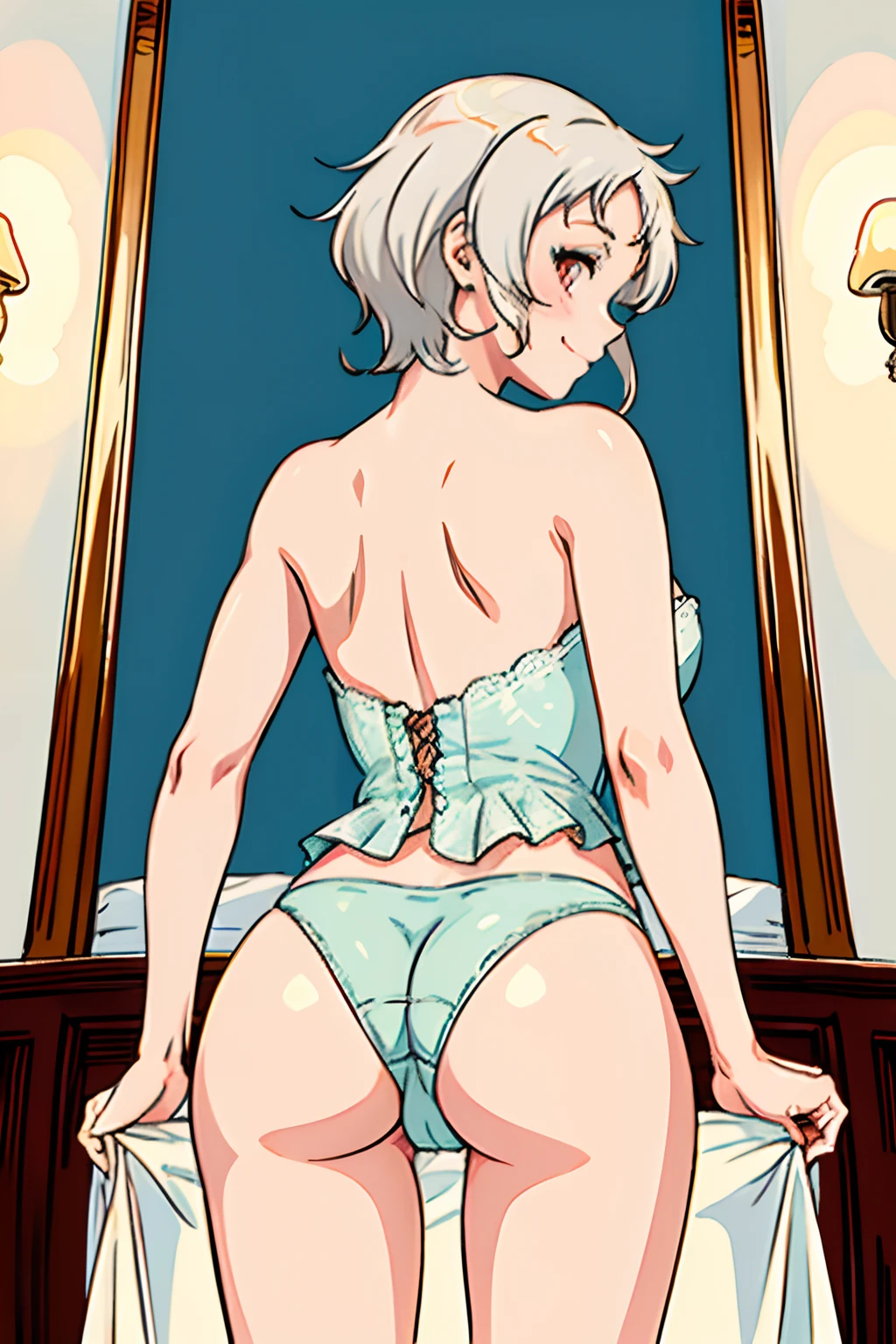 masterpiece, best quality, ultra-detailed, illustration, kawaii, detailed light, happy, smile, blush, Highlights hair, ,very short white hair, red eyes, beautiful detailed body, detailed sparkling eyes, 1girl, looking back, showing skin, buttocks, bare thighs, perfect limbs, underwear, on bed, full view of buttocks, showing buttocks, in heat,, legs open, show , Pose of Doggystyle for photographing yourself from behind in the mirror with your smartphone, show vaginal rupture, cum mouth